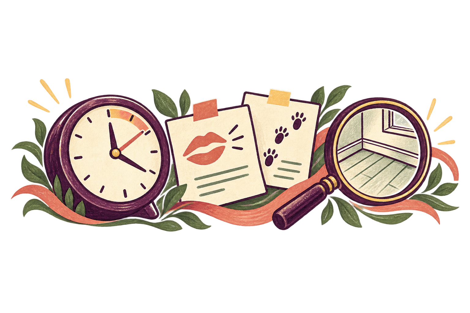 A clock, exposure notes and magnifier organize the details of the event.