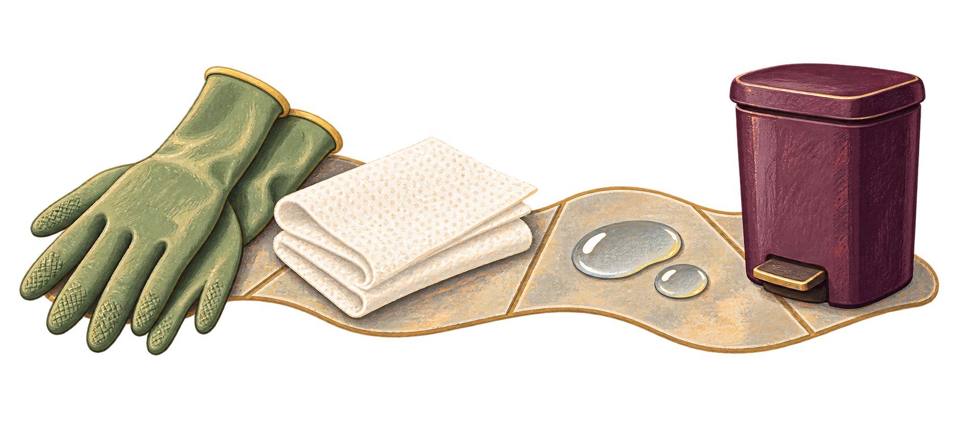 Gloves, paper towels, wet tile and a closed bin form a cleanup vignette.