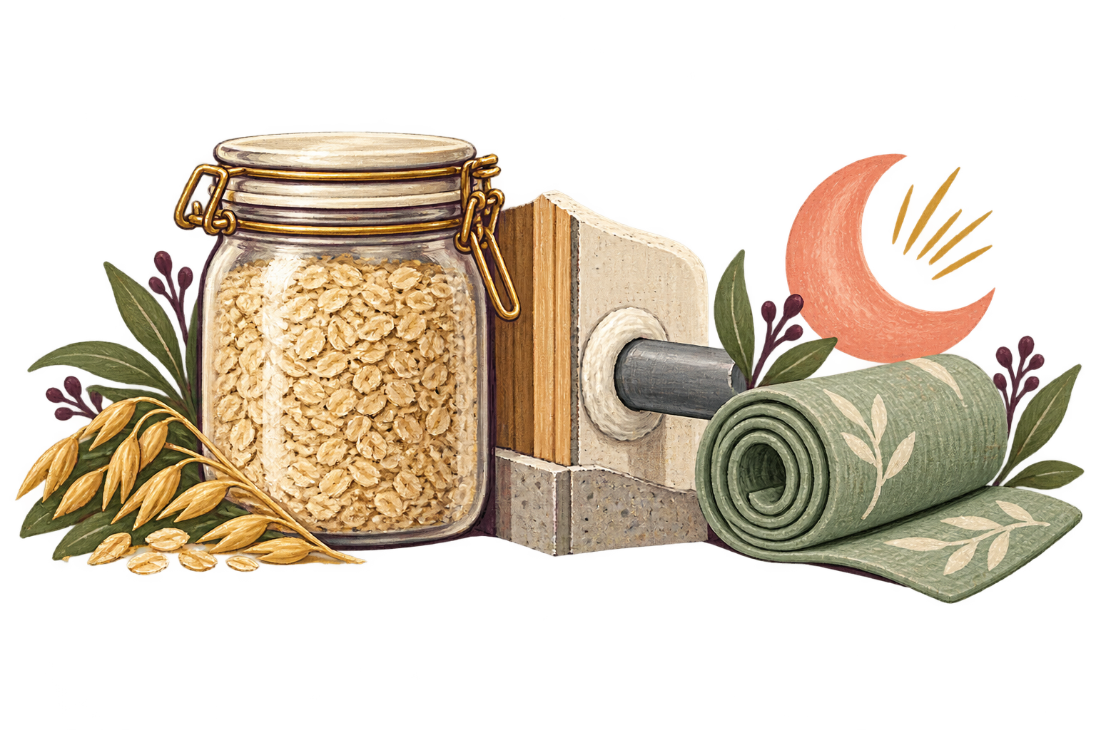 A sealed food jar, closed pipe gap, rolled mat and moon form a closing vignette.