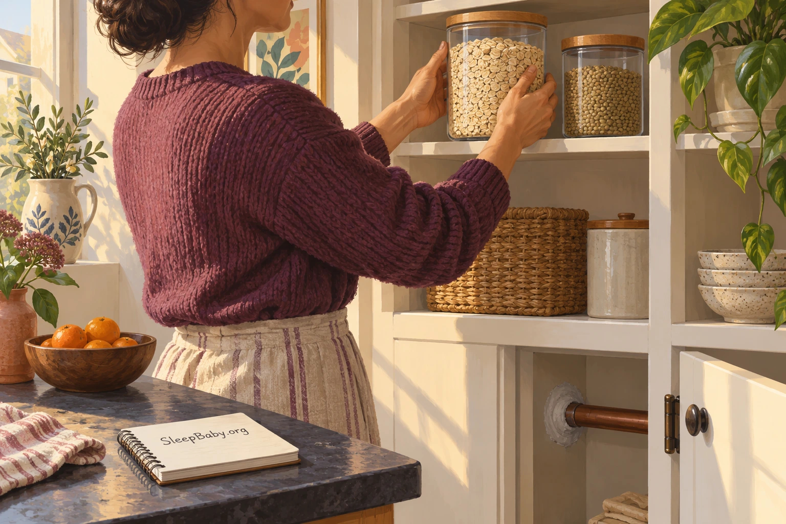 An adult places a sealed jar of clean oats on a pantry shelf beside a sealed pipe entry.