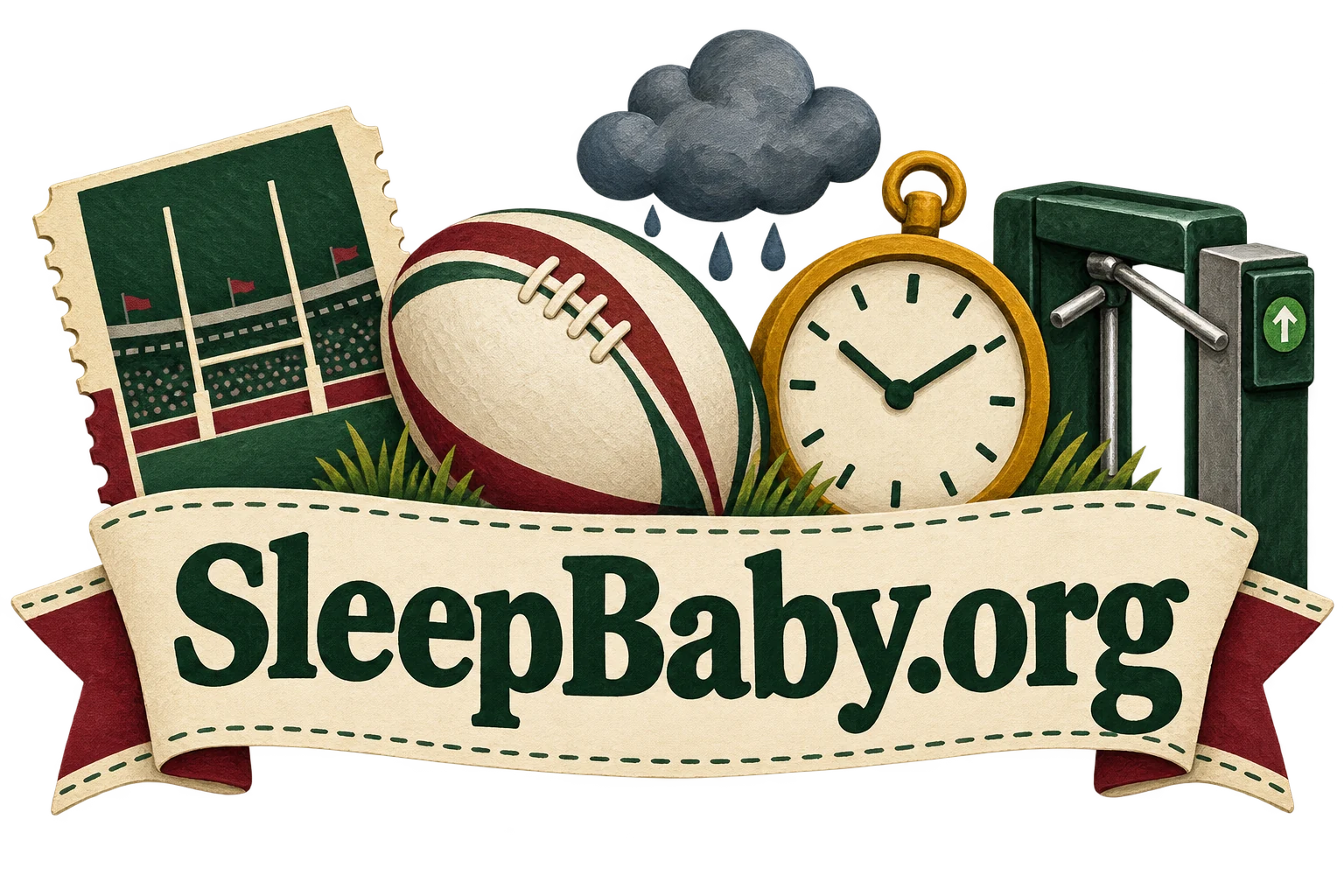 Rugby ticket, ball, rain cloud, clock and turnstile surround a SleepBaby.org banner.