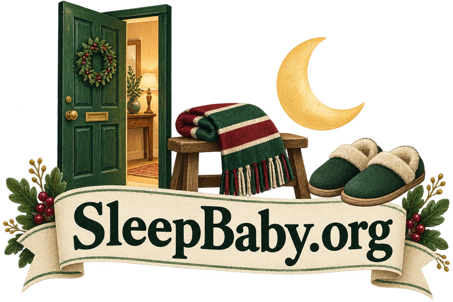 An open door, folded scarf, moon and slippers frame a SleepBaby.org banner.