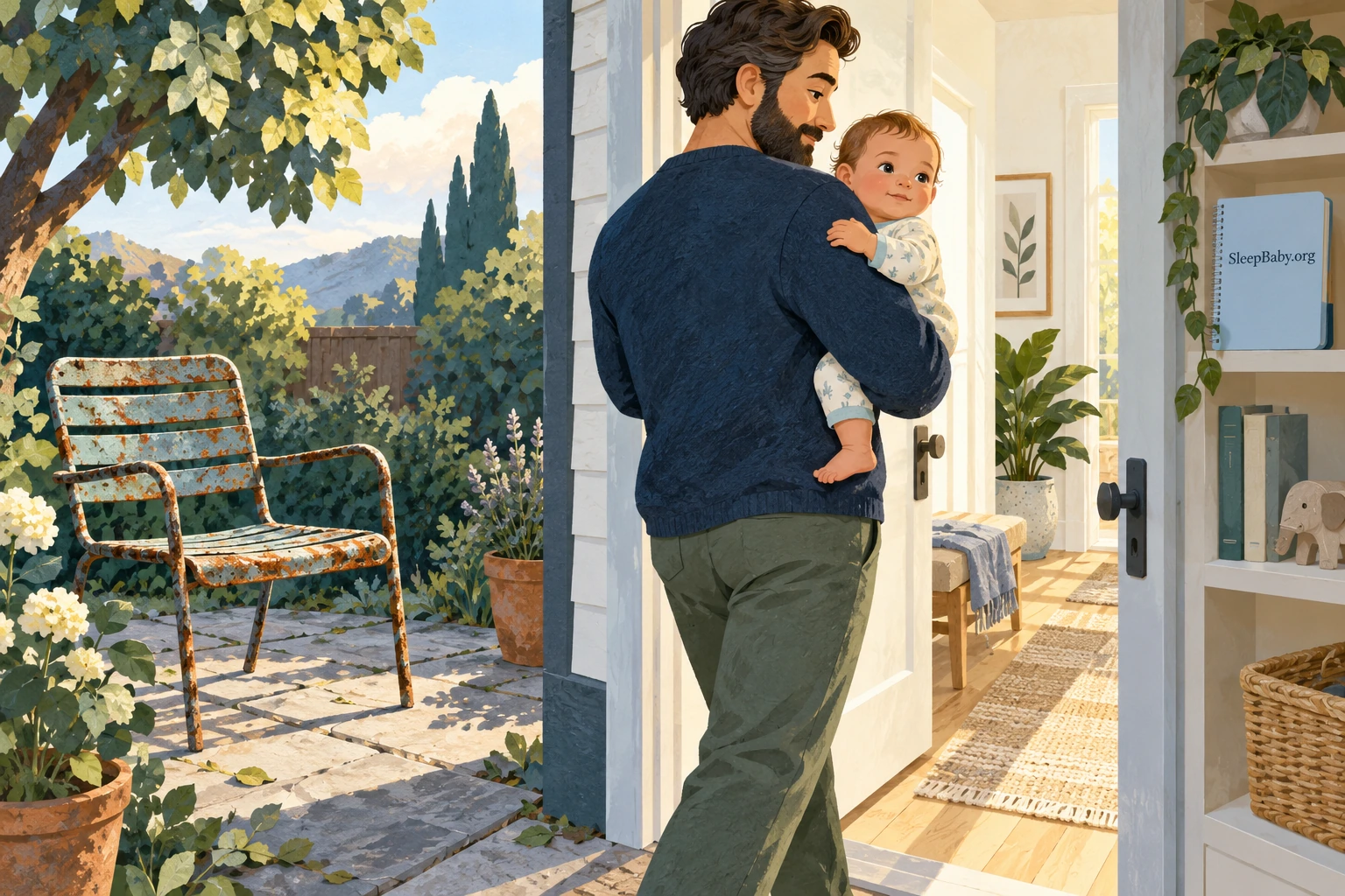 A father carries an awake baby away from a weathered patio chair toward a clean doorway.