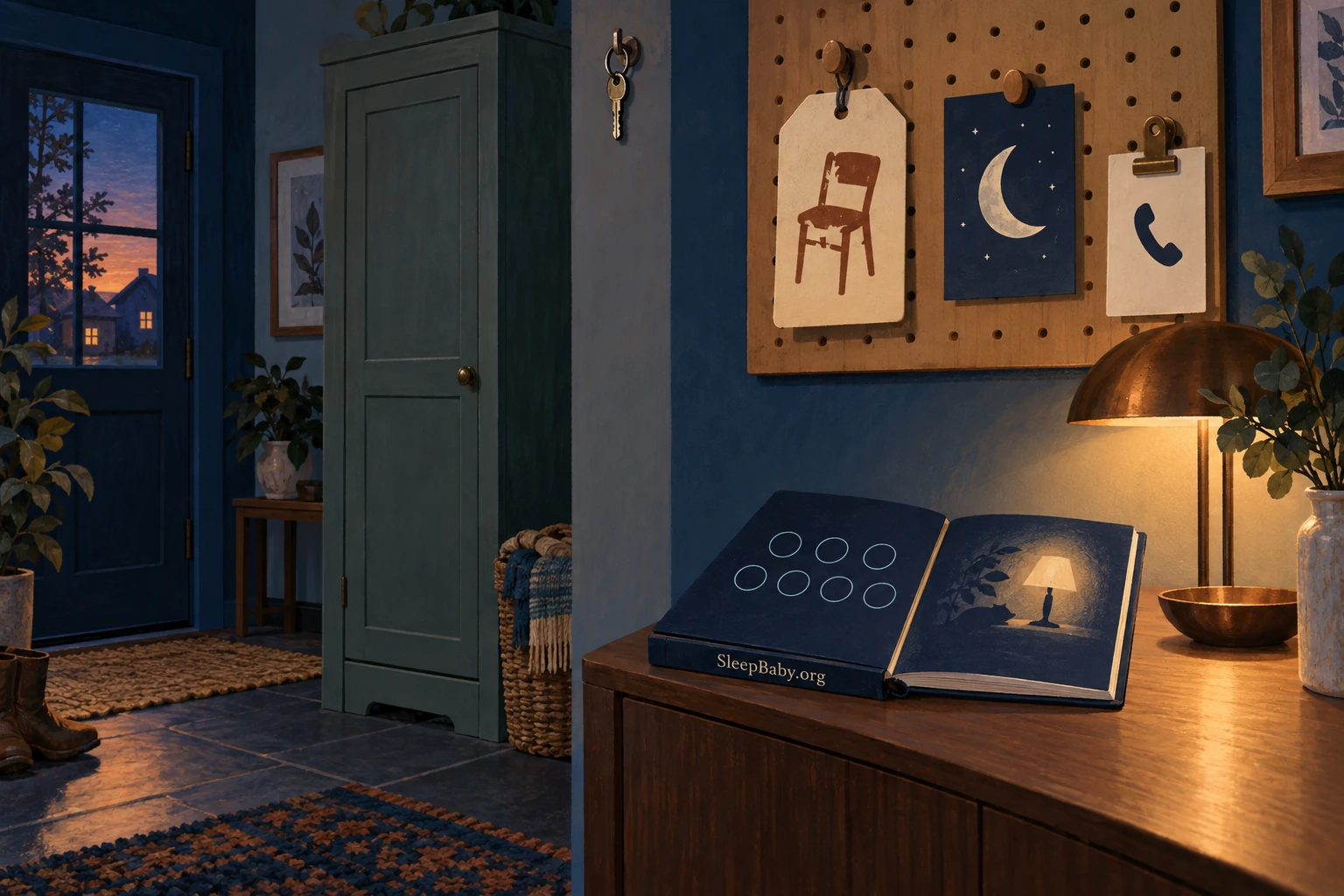 A closed utility cabinet, care note and moon-shaped evening cue sit beside a planning notebook.