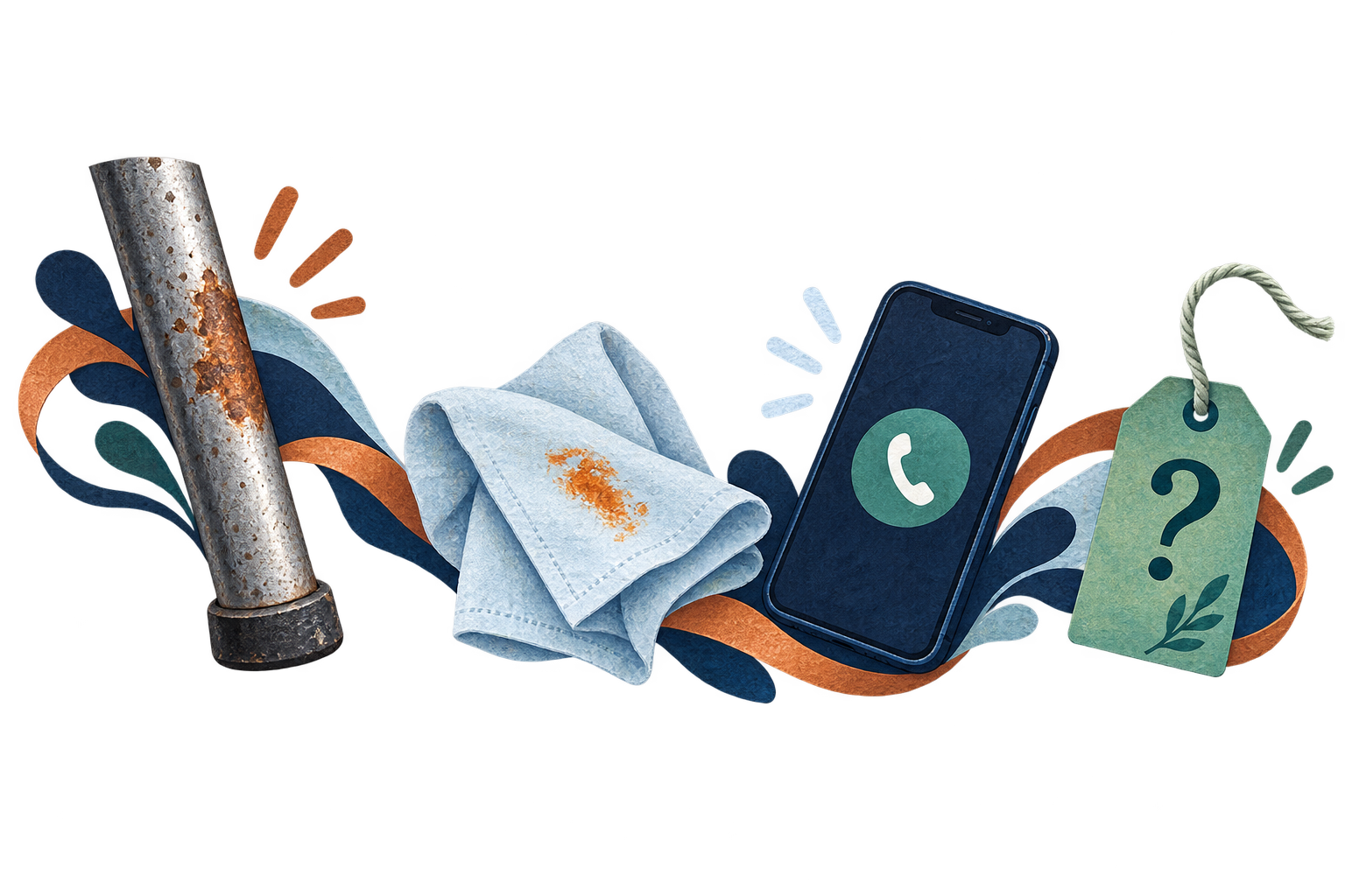 A weathered chair leg, orange-smudged cloth, phone and question tag introduce the concern.