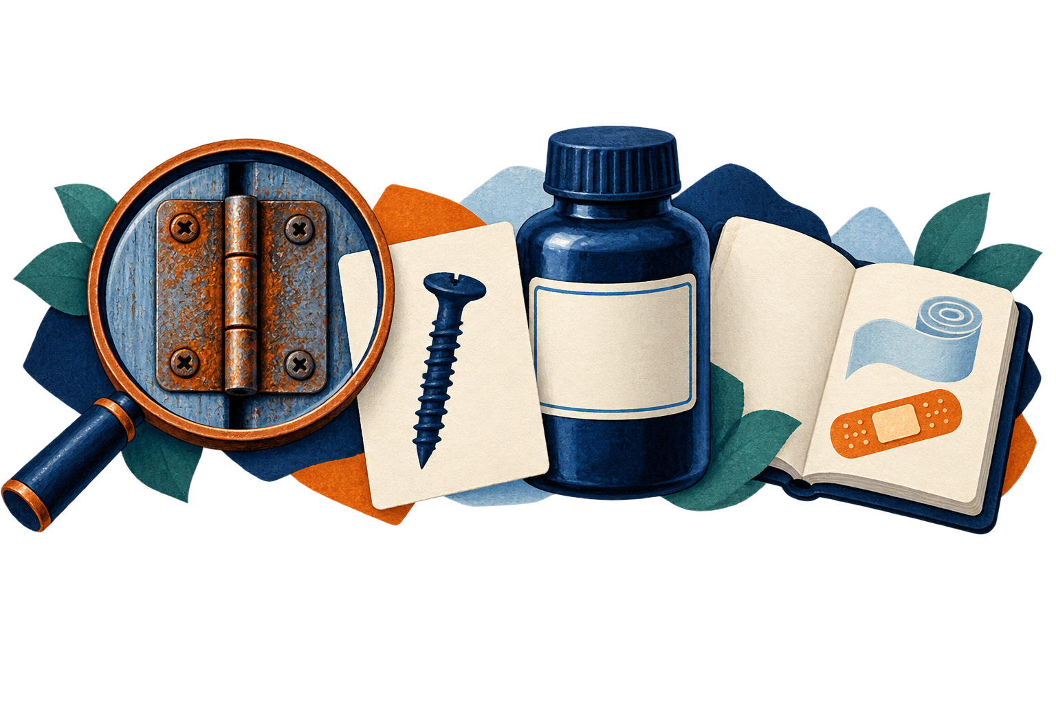 A magnifier, corroded hinge, screw reference card, plain bottle and bandage notebook form a teaching vignette.