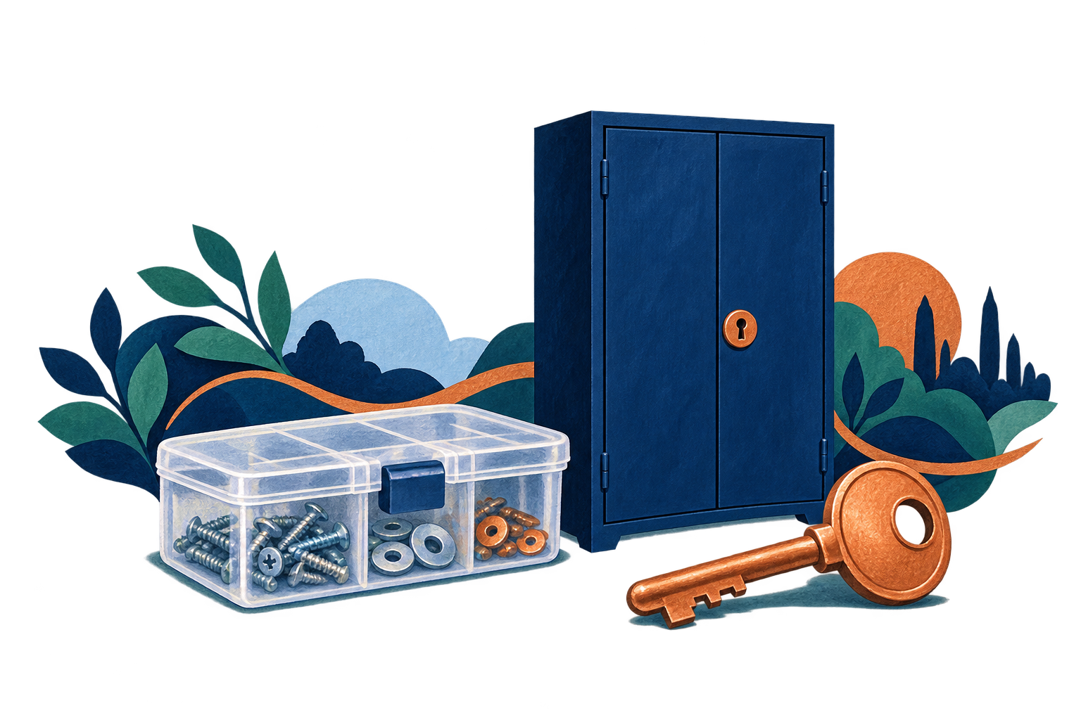 A closed hardware box, locked cabinet and removed key form a storage vignette.