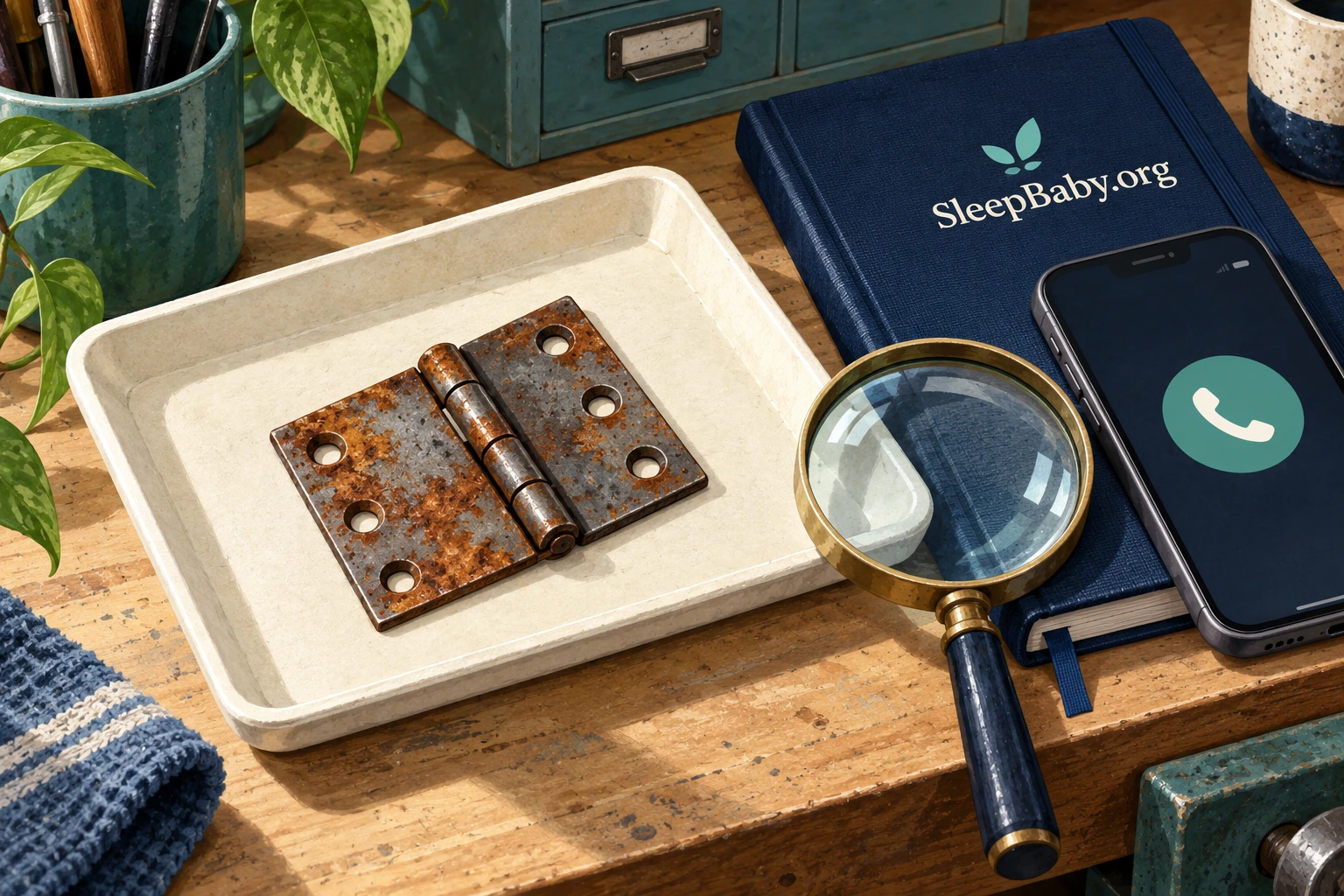 A rusty hinge, magnifying glass, phone and care notebook sit on an adult workbench.