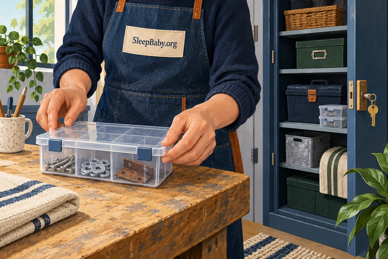 Adult hands close a compartment box of hardware beside an open utility cabinet with a keyed lock.