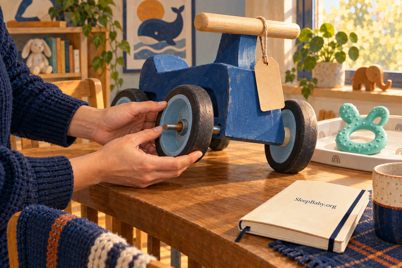 An adult inspects a corroded toy axle beside a set-aside tag and a separate clean teether.