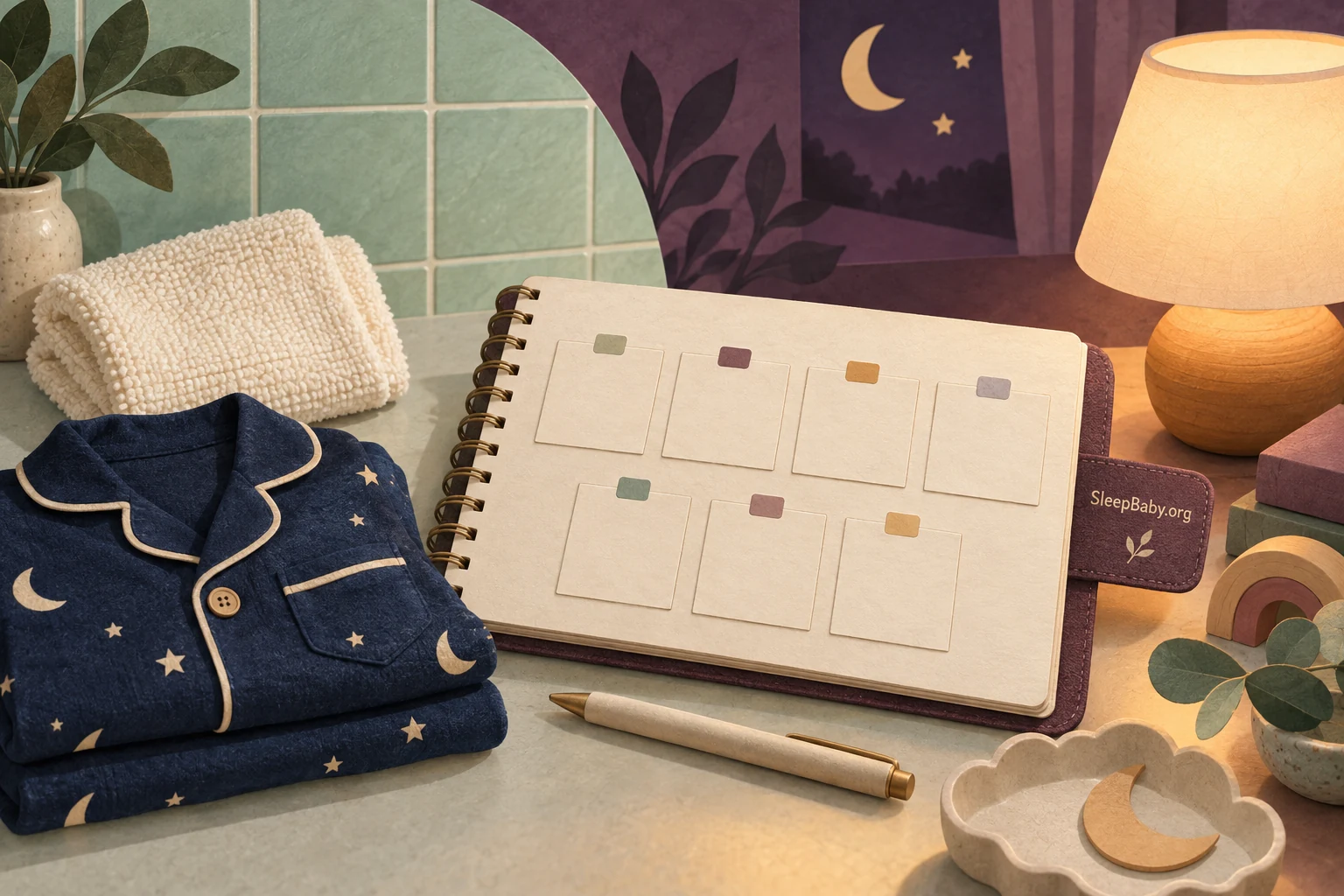 Folded pajamas, a cloth and a seven-box notebook beside a warm lamp.