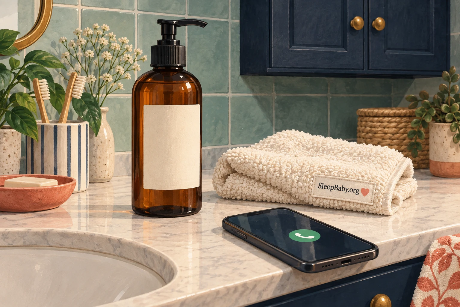 Body wash, a clean cloth and a phone on a dry bathroom counter.