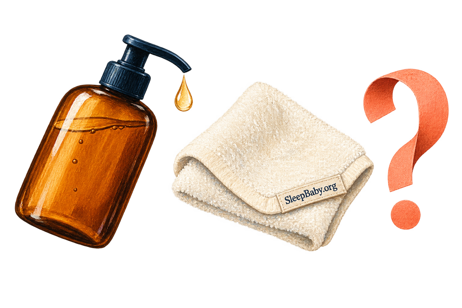 Body-wash bottle, droplet, cloth and question mark.