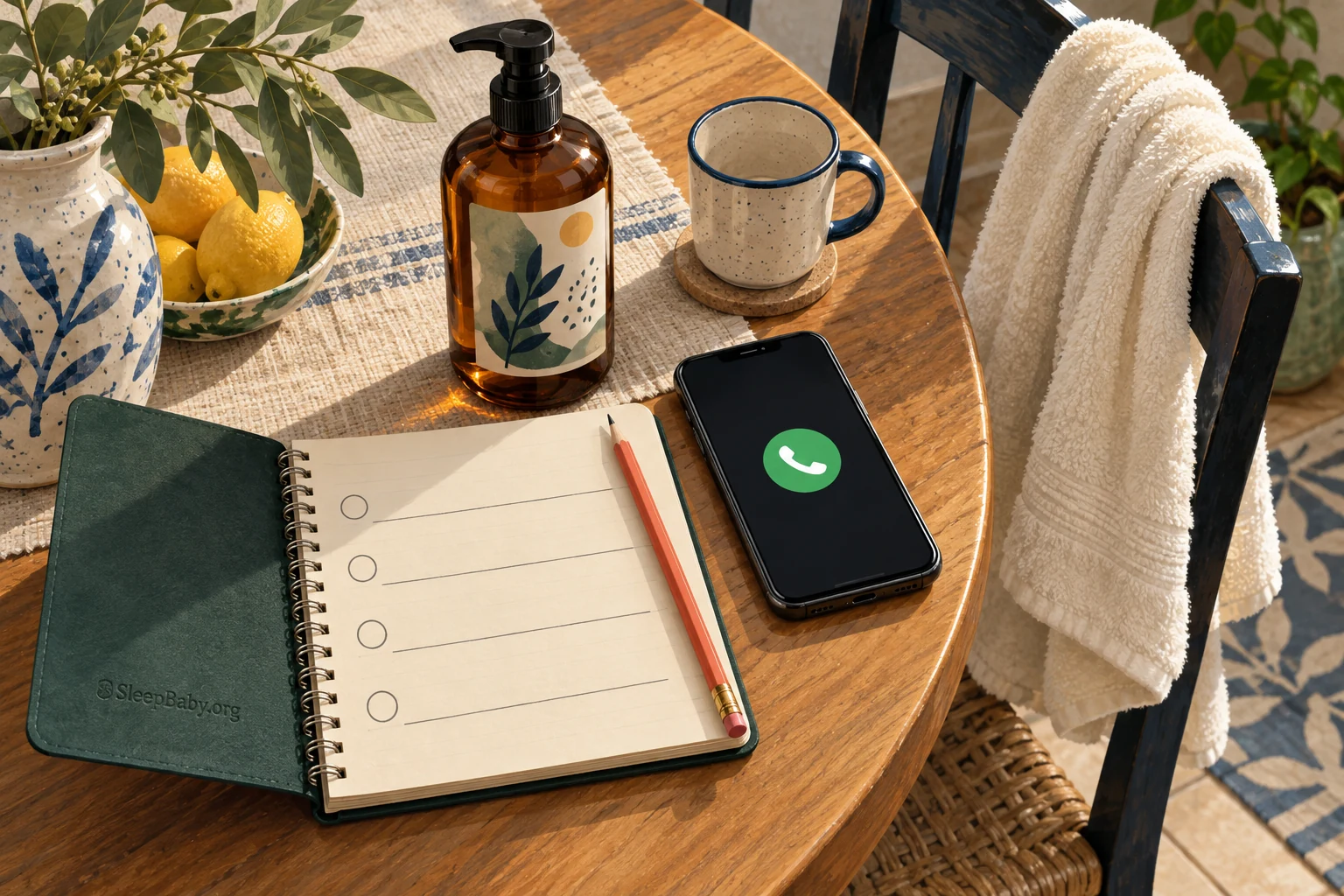 A body-wash bottle, phone and open notebook ready for a call.
