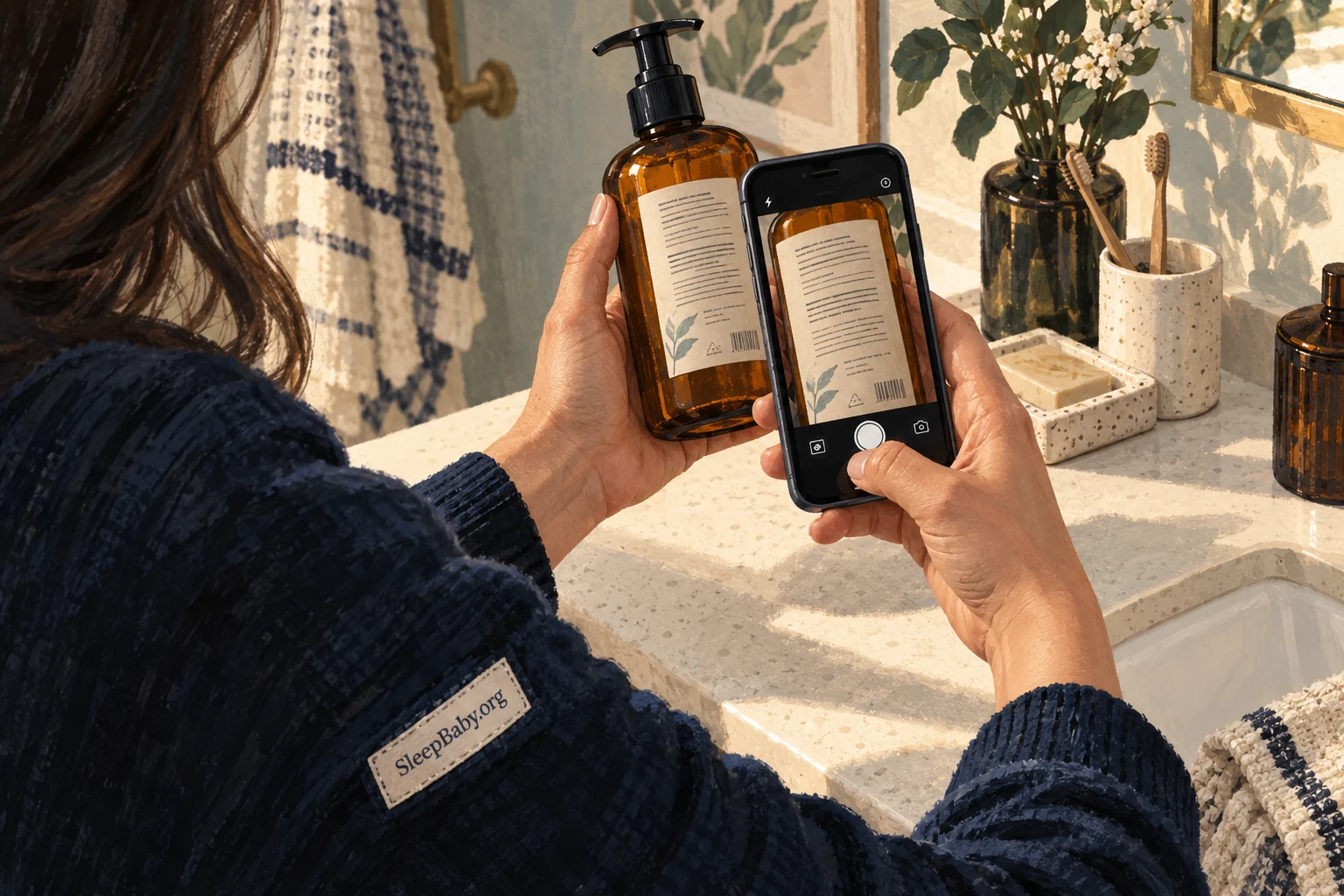 An adult photographs the original body-wash label.