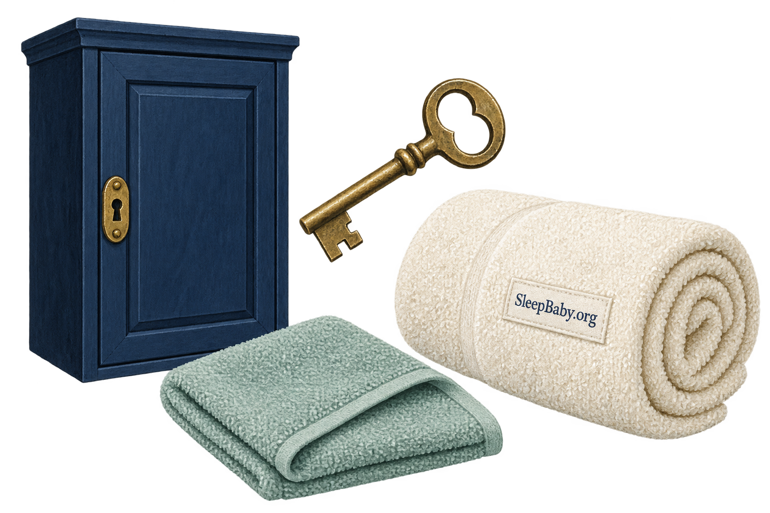 A closed cabinet, key, rolled towel and folded washcloth.