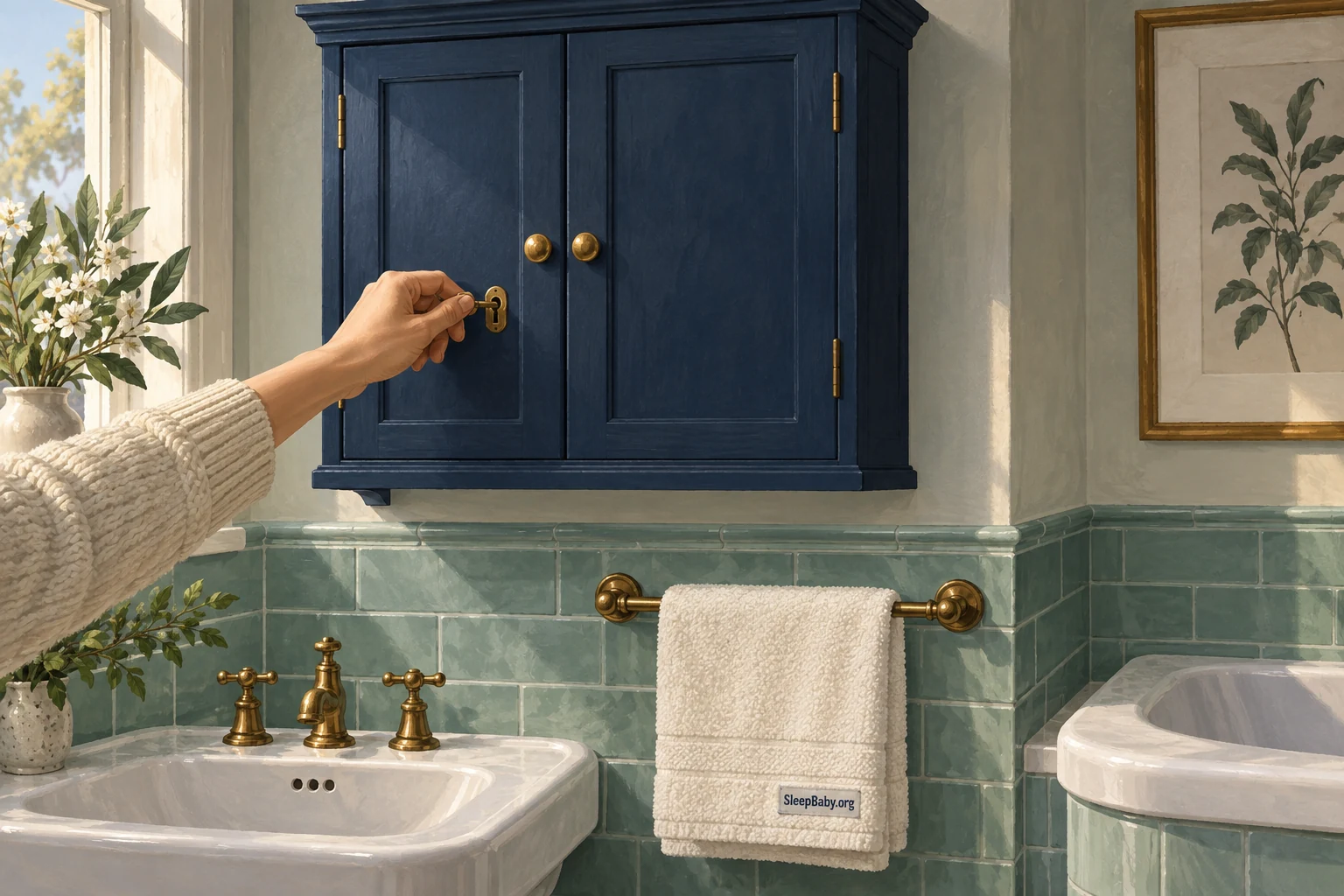 An adult locks a high bathroom cabinet above a towel rail.