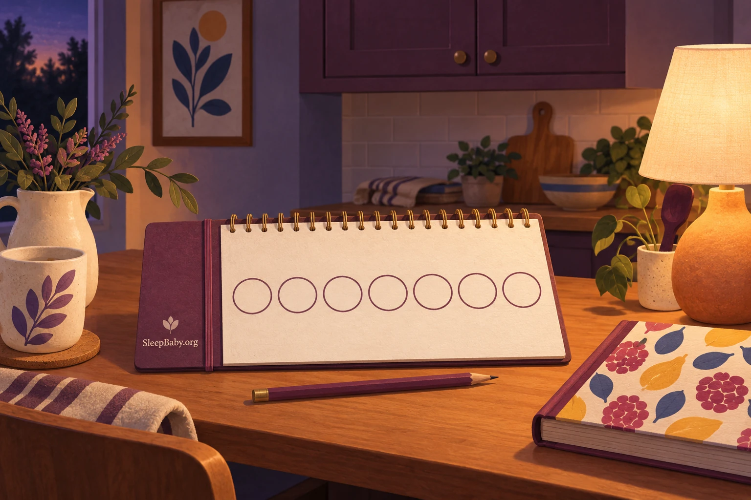 Evening notebook with seven empty circles beside a closed recipe book and warm lamp.