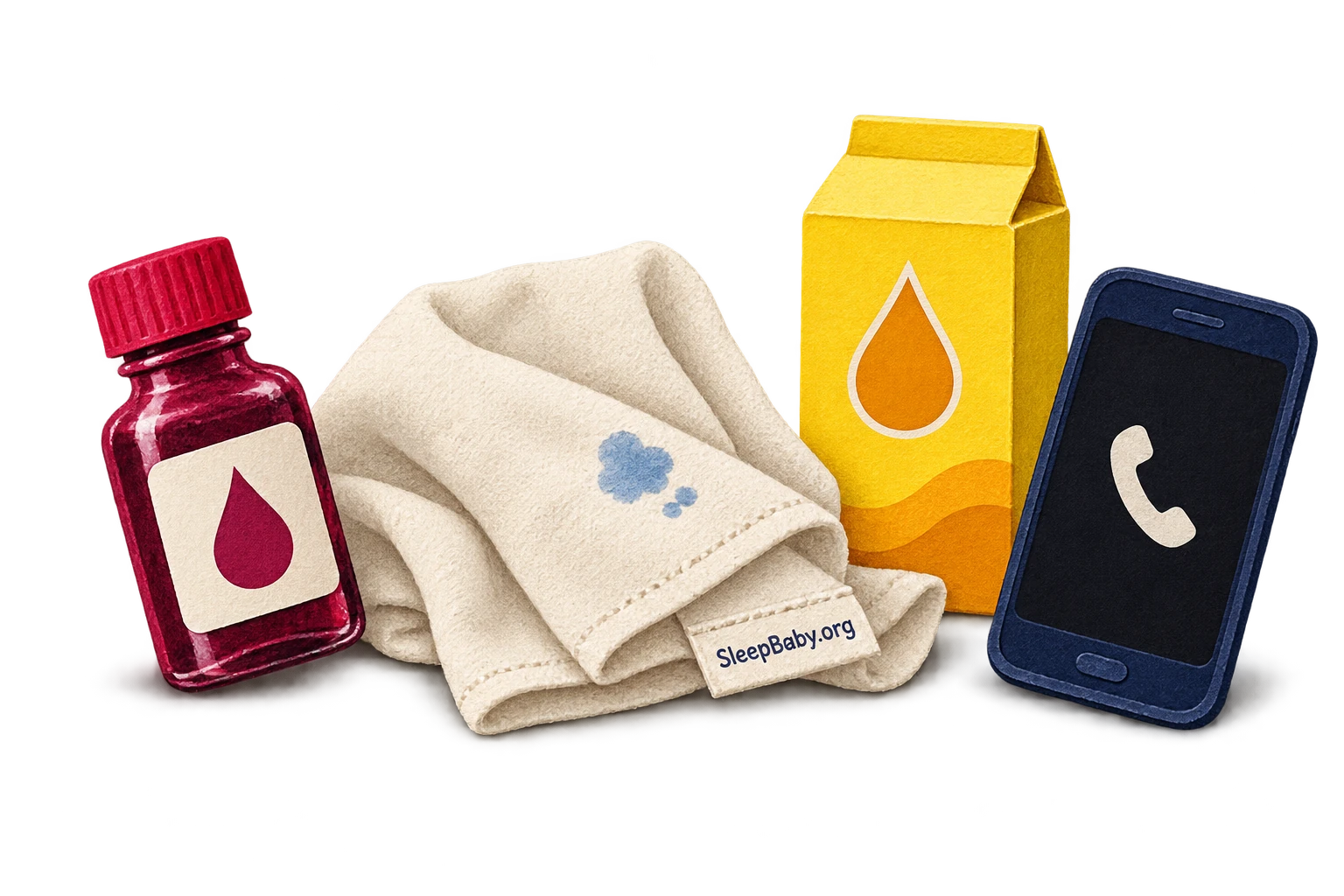 Illustrated food-color bottle, stained cloth, dye carton and phone.