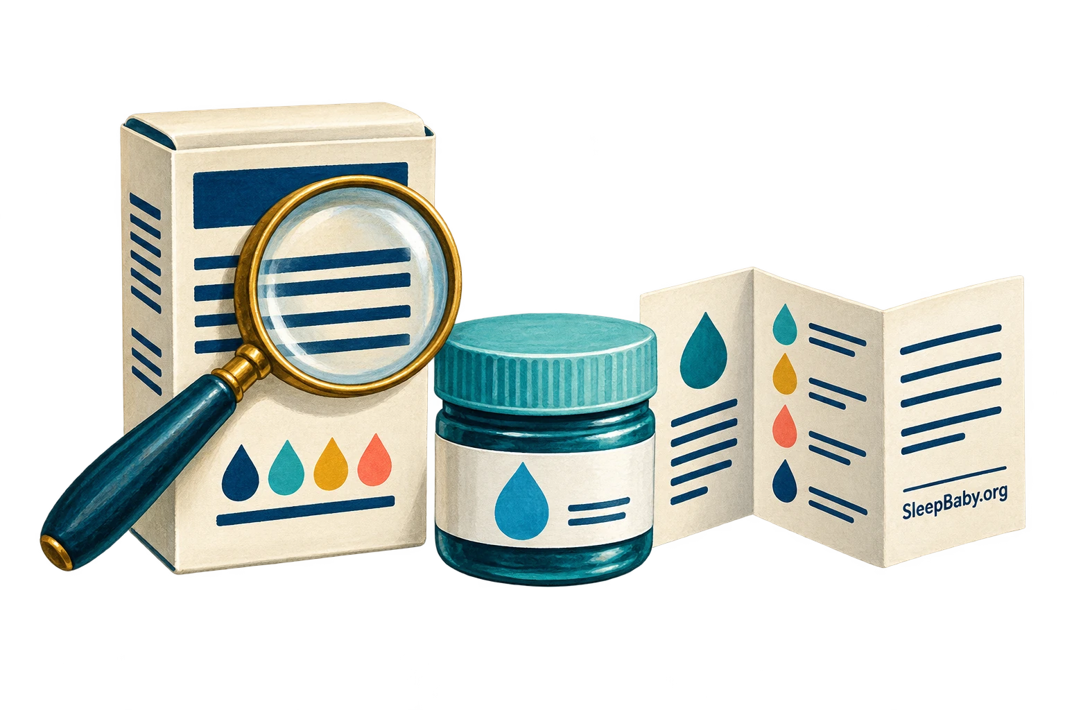 Ingredient carton, magnifying glass, closed coloring jar and folded label leaflet.