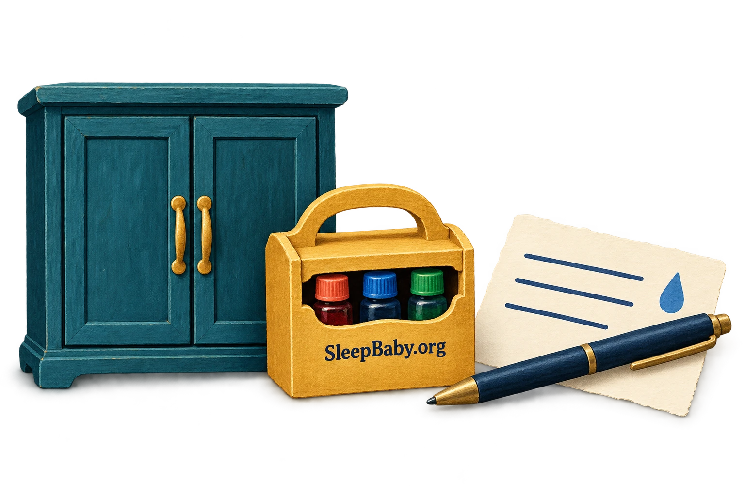Closed cupboard, food-color caddy, call-note card and pen.