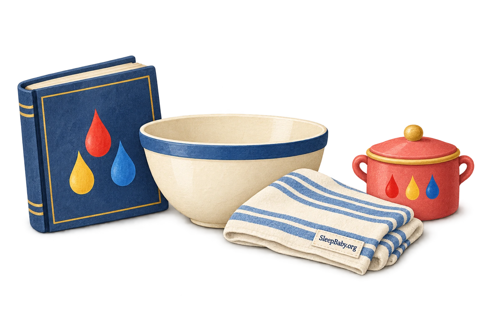 Closed recipe book with color droplets, clean mixing bowl, folded towel and lidded container.