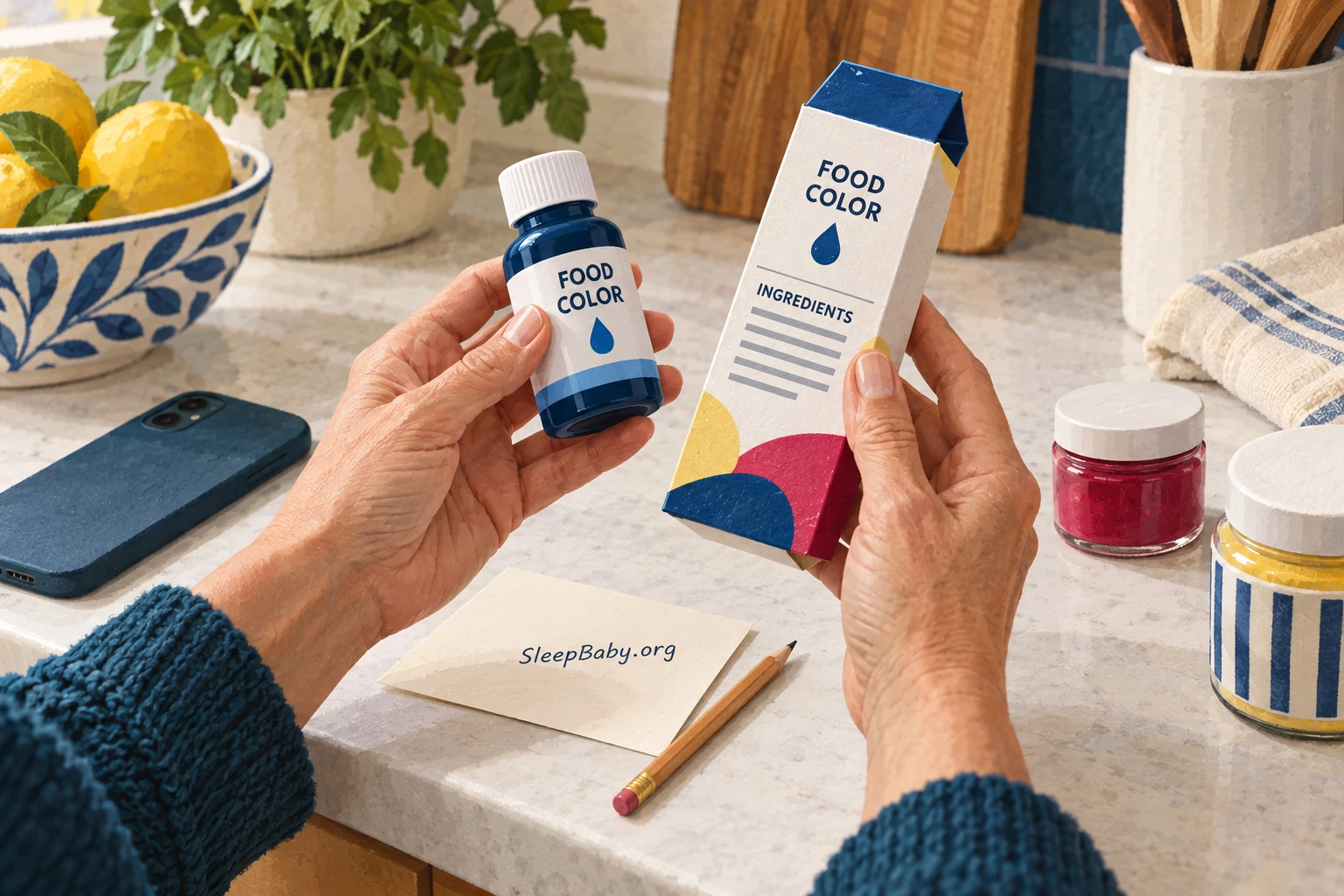 Hands holding a food-color bottle and ingredient carton beside closed decorating jars.