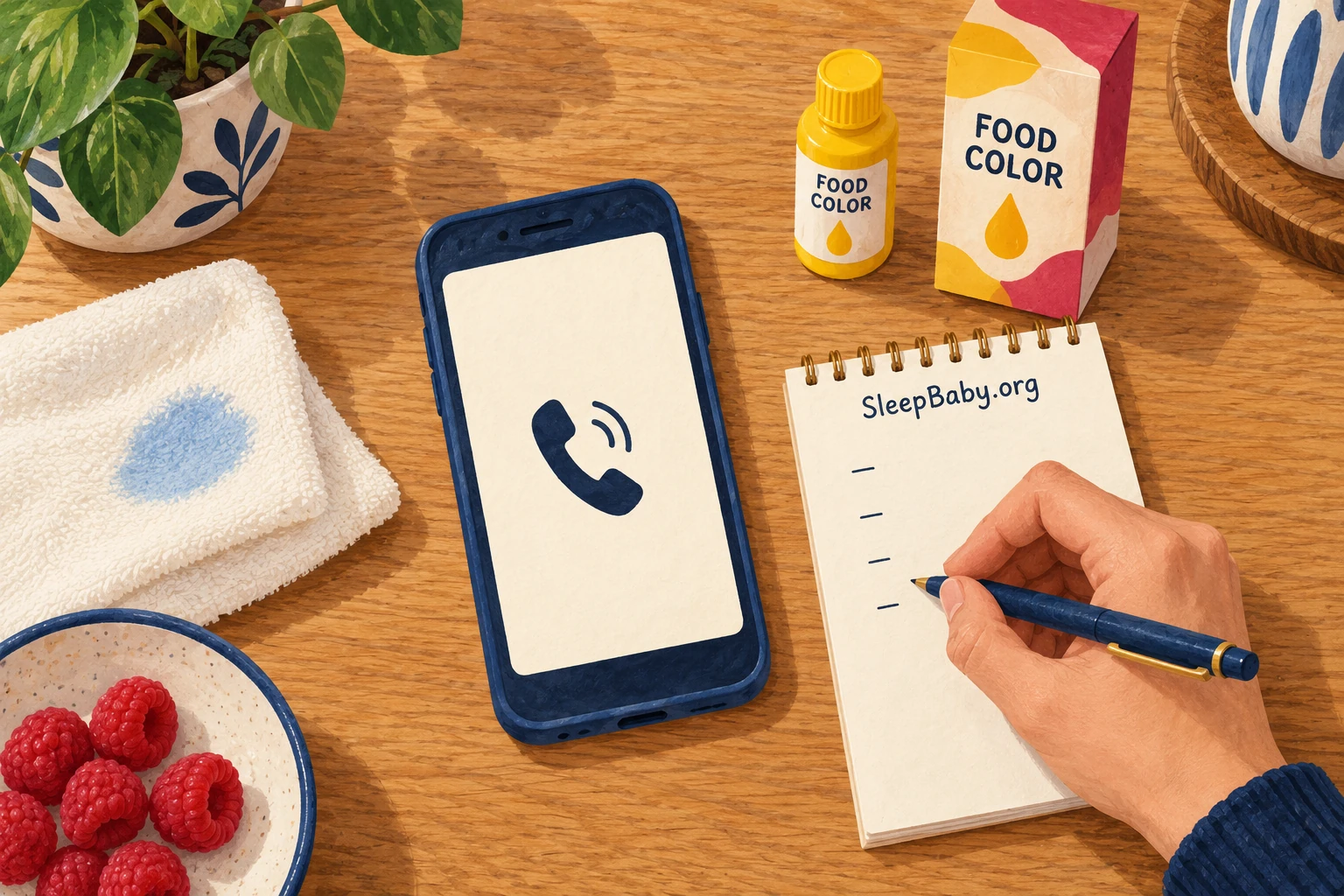 Phone, capped food-color bottle and carton beside a hand writing a call note.