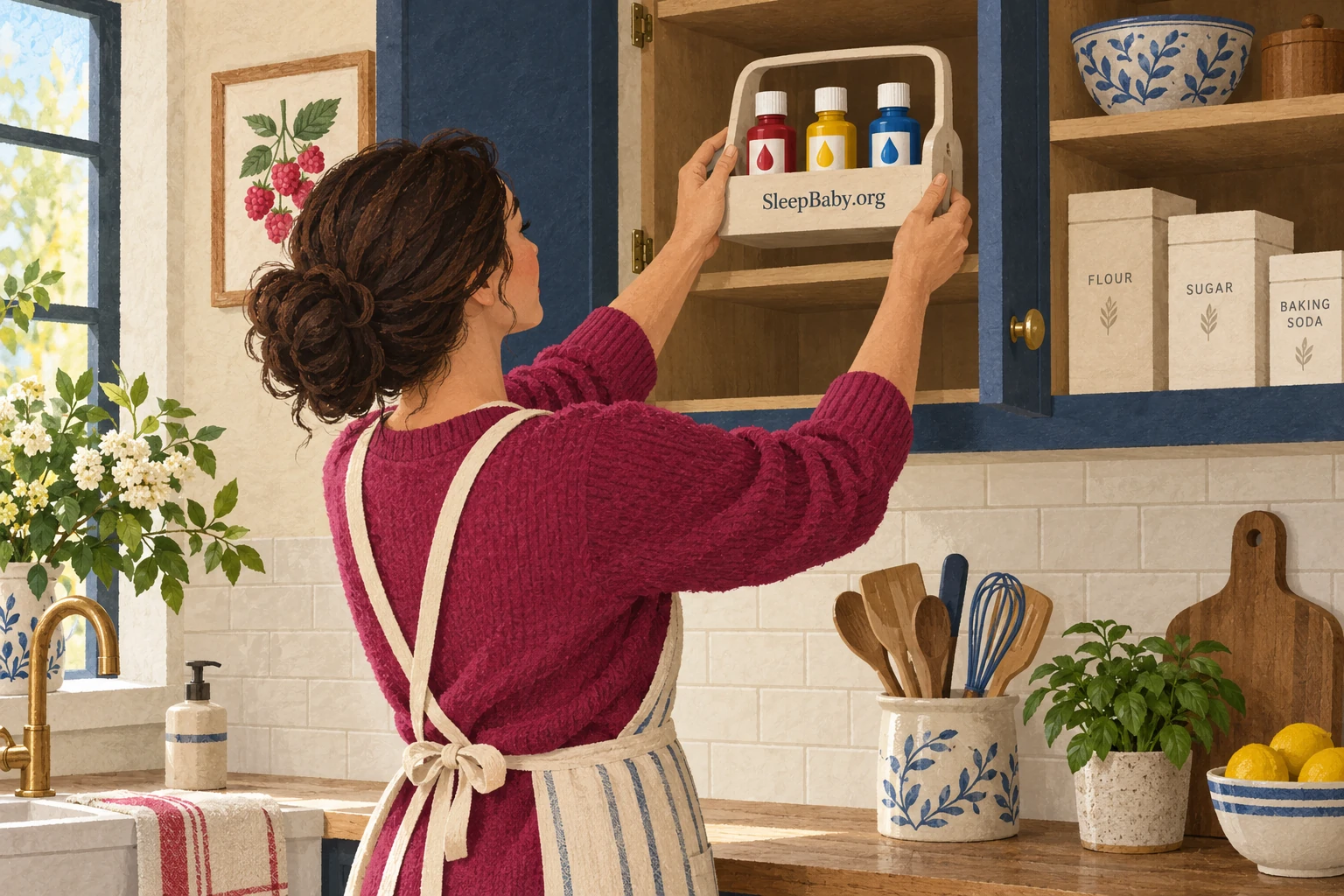 Adult placing a caddy of capped coloring bottles in a high kitchen cupboard.