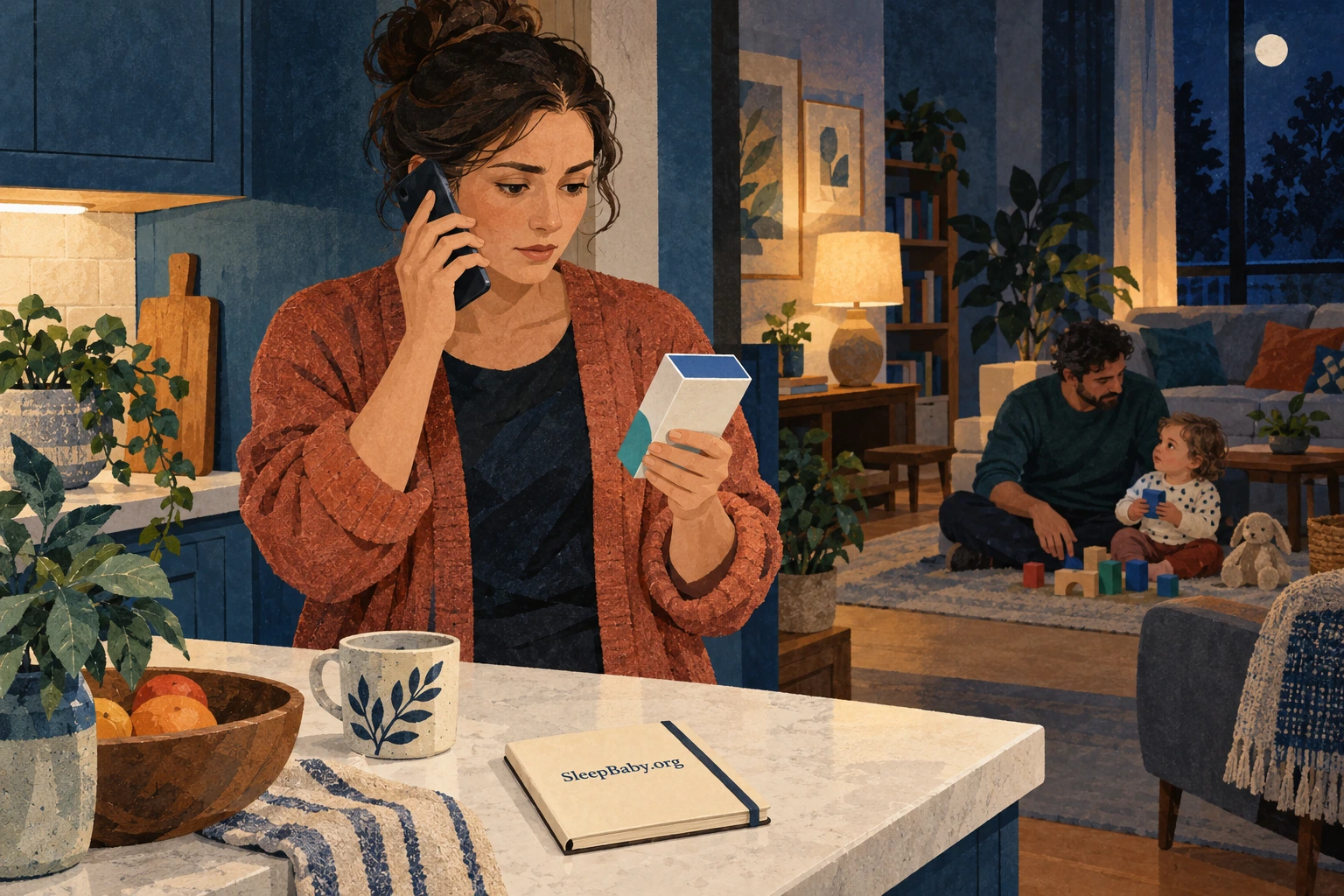 Parent calling for advice with a closed medicine carton while another adult supervises a toddler.