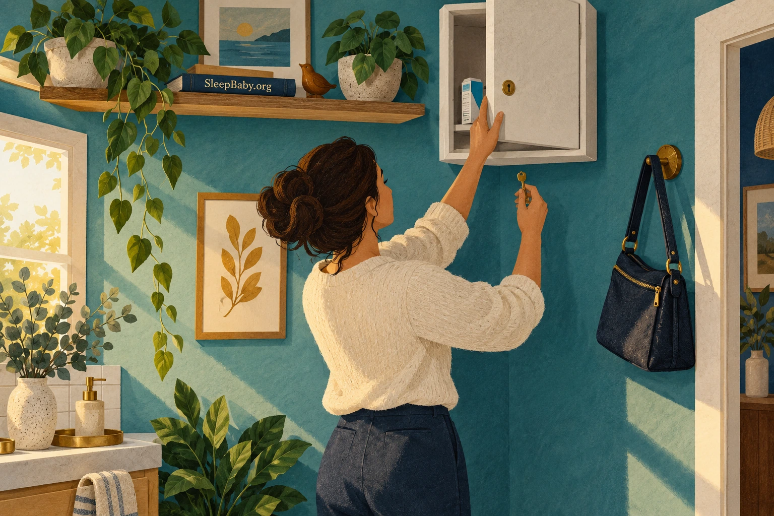 Adult closing a high medicine cupboard with a key, near a visitor bag stored above floor level.