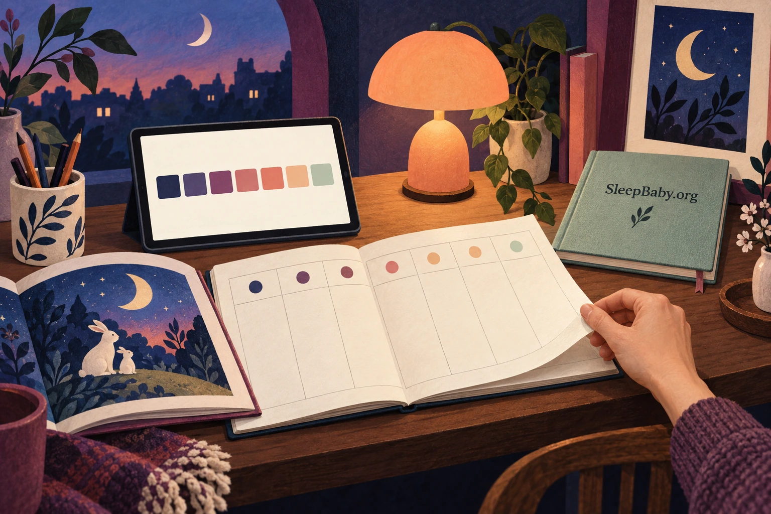 Illustrated desk with a seven-part planner, picture book and SleepBaby.org notebook.