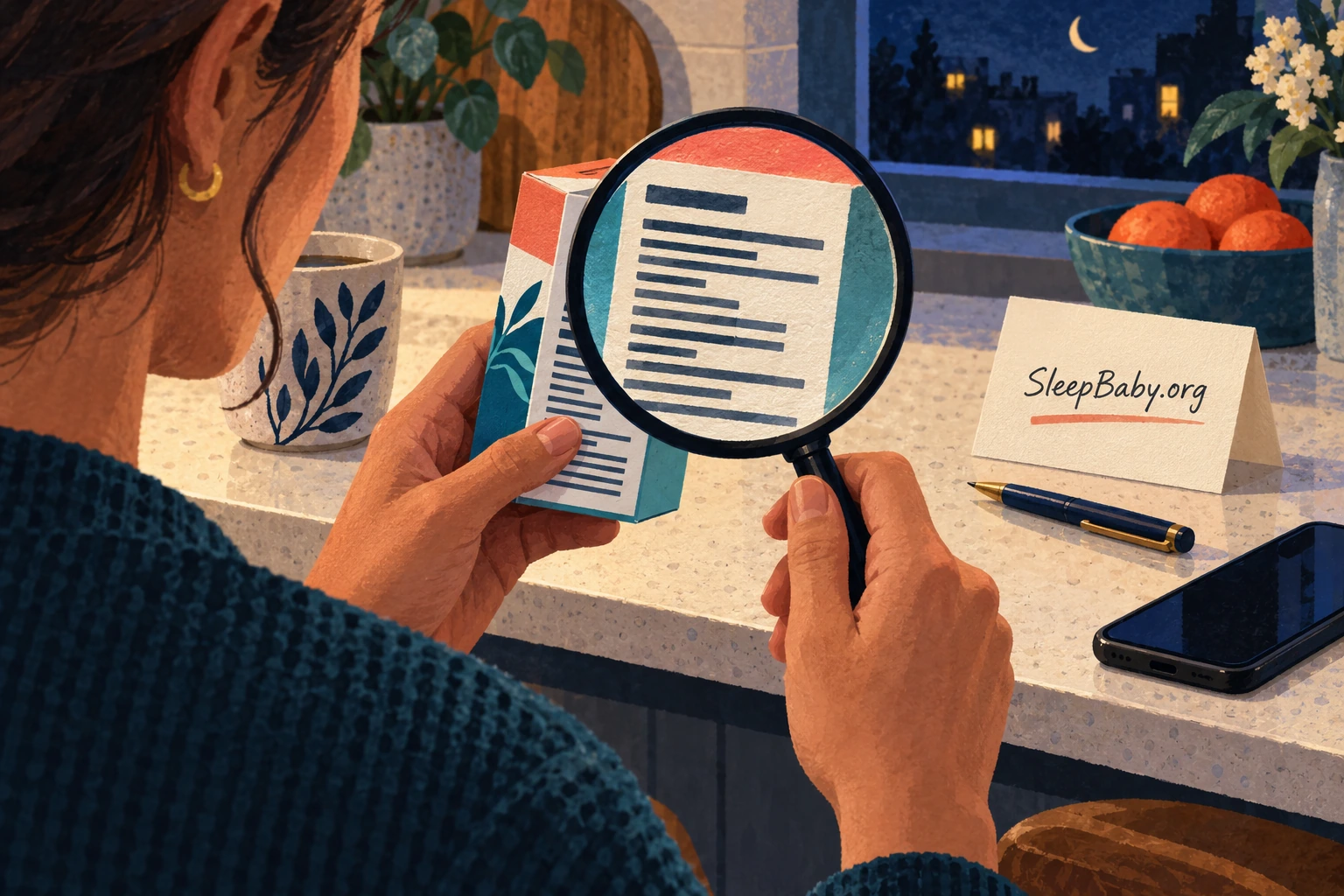 Adult examining the ingredient panel on a closed medicine carton beside a notebook.