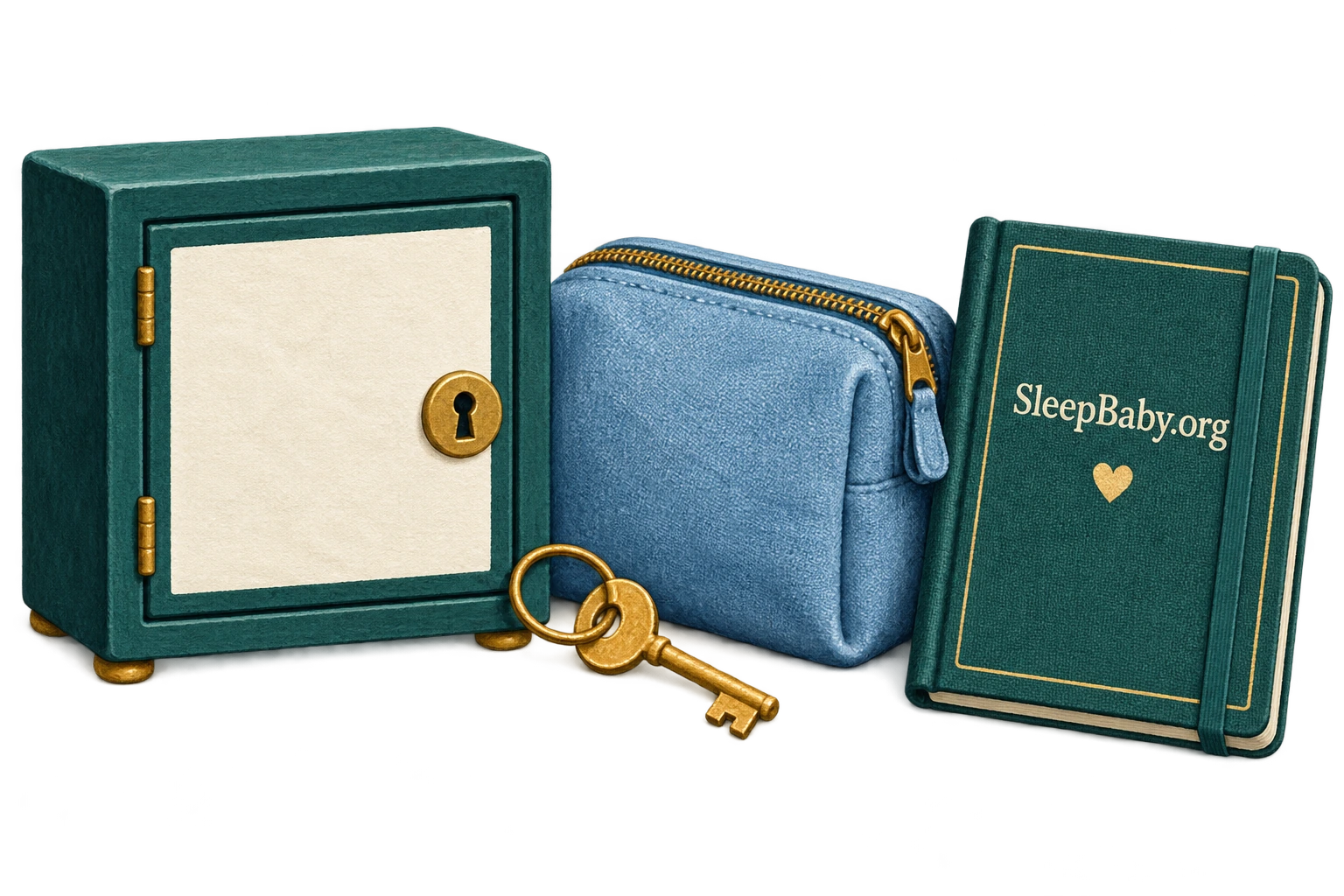 Paper illustration of a locked cabinet, key, zipped pouch and notebook.