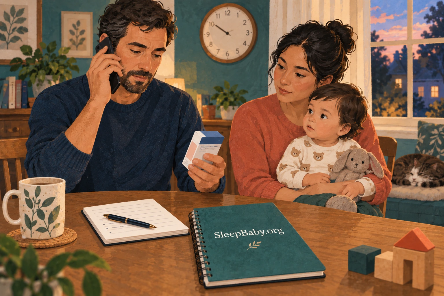Parent on the phone holding a medicine carton while another adult holds an alert toddler.