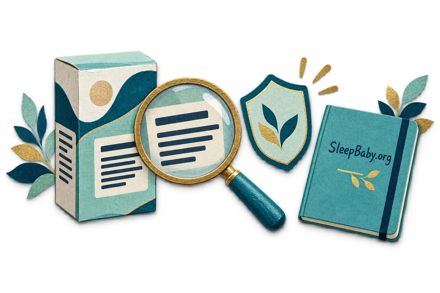 Paper illustration of a medicine label, magnifying glass, tag and notebook.