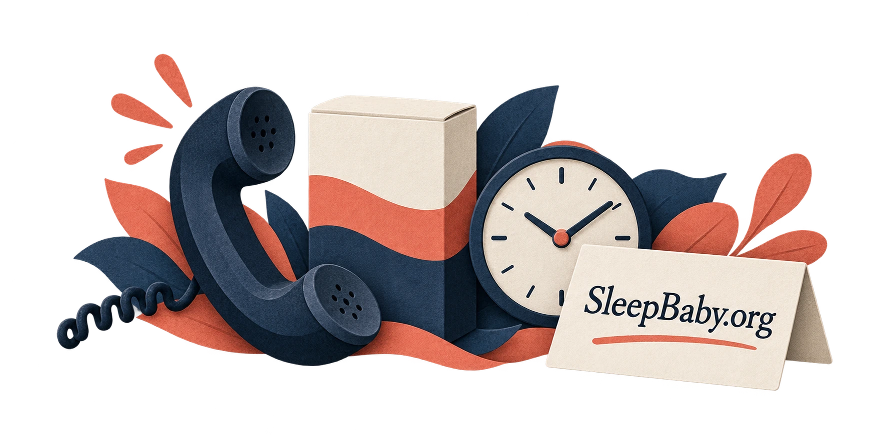 Paper illustration of a phone, closed medicine carton, clock and note card.