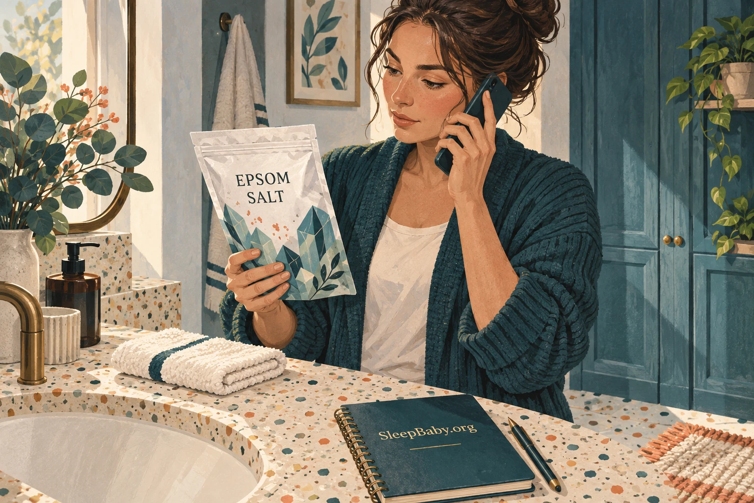 Illustration of an adult reading an Epsom salt package while speaking on the phone.