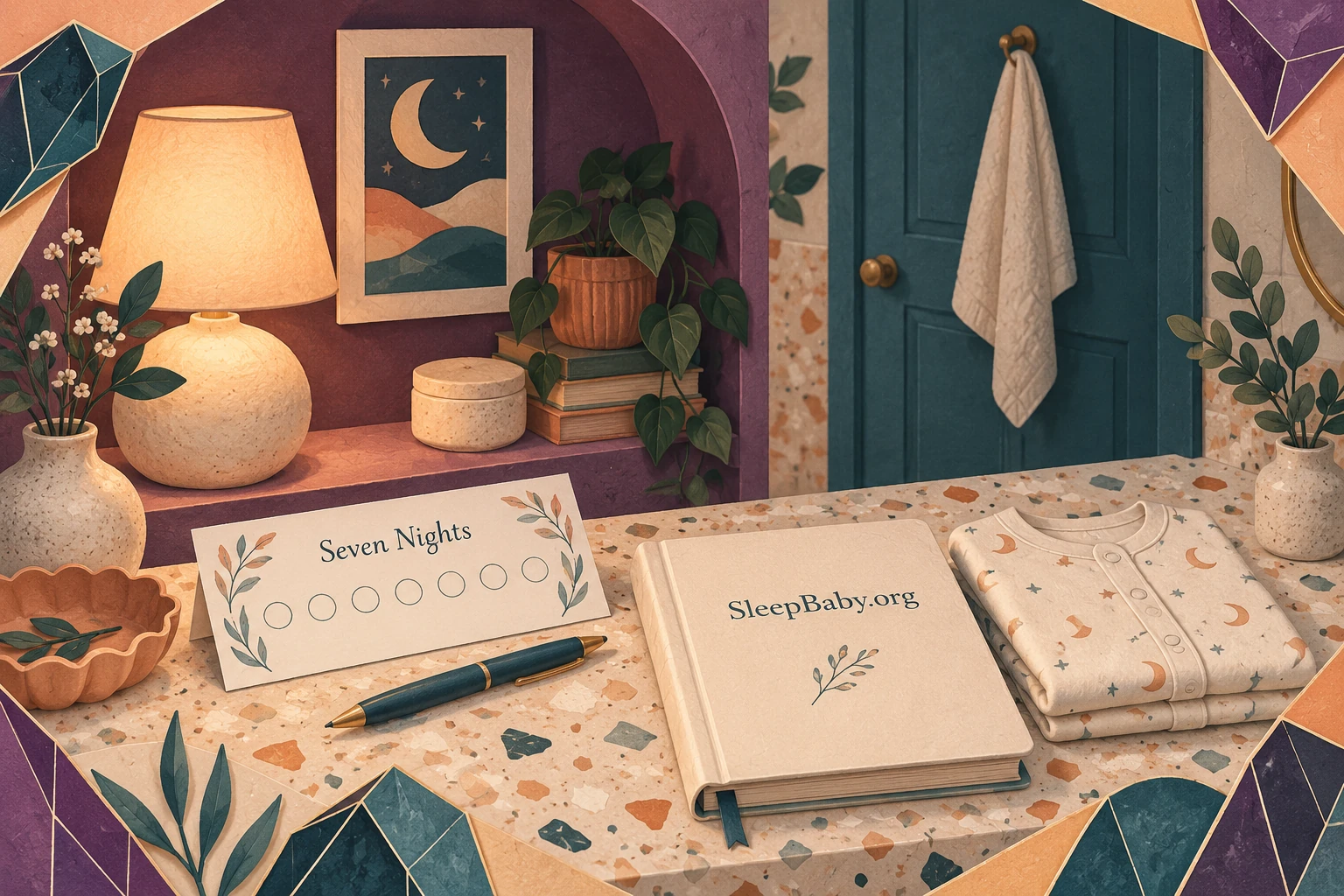 Illustrated sleep-planning notebook, seven-night tracker and folded pajamas near a closed bathroom door.