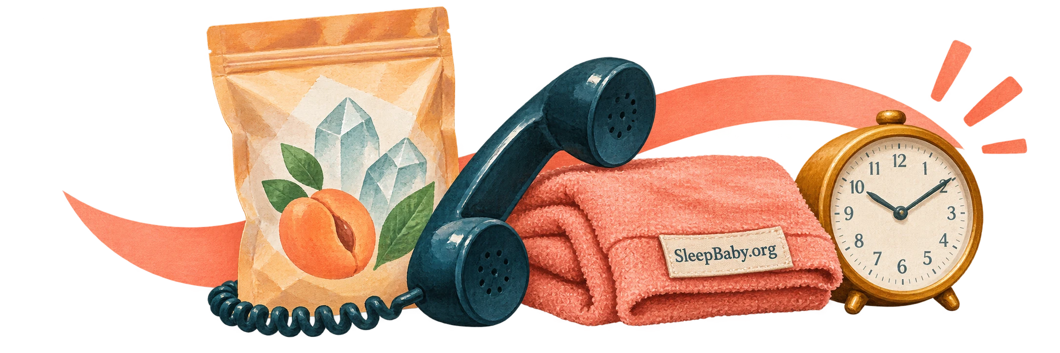 Transparent illustration of a sealed bath-salt bag, phone, towel and clock.
