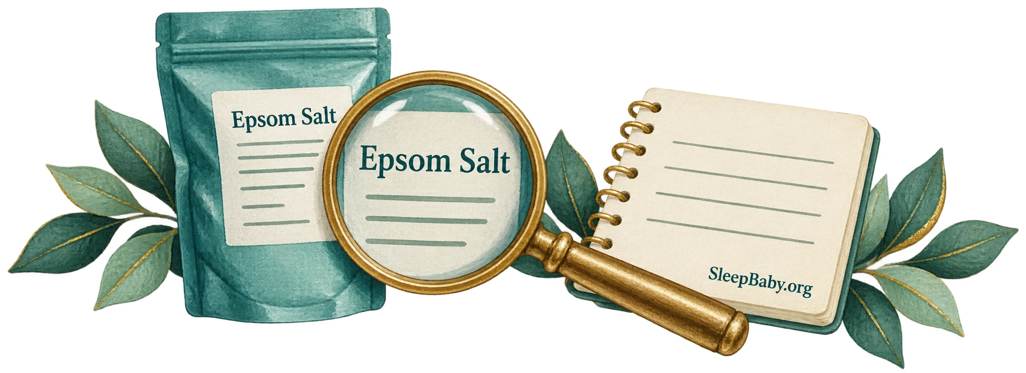 Transparent illustration of an Epsom salt package, magnifying glass and notebook.