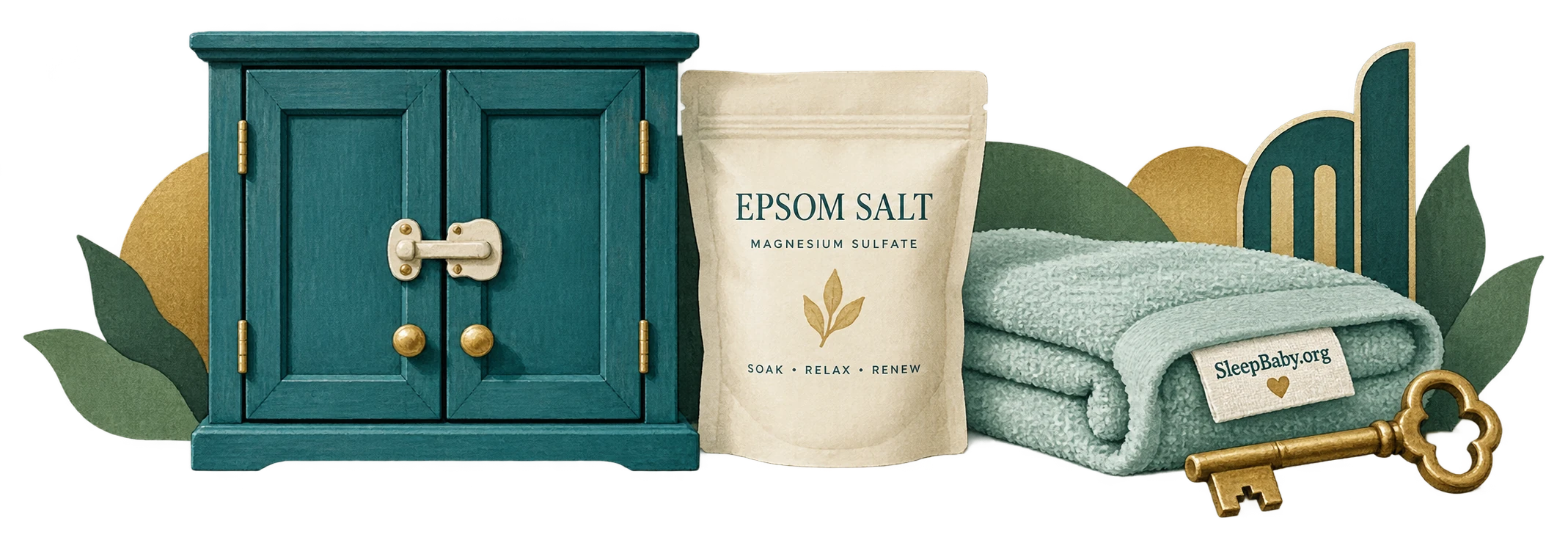Transparent illustration of a latched cupboard, sealed Epsom salt bag, towel and key.