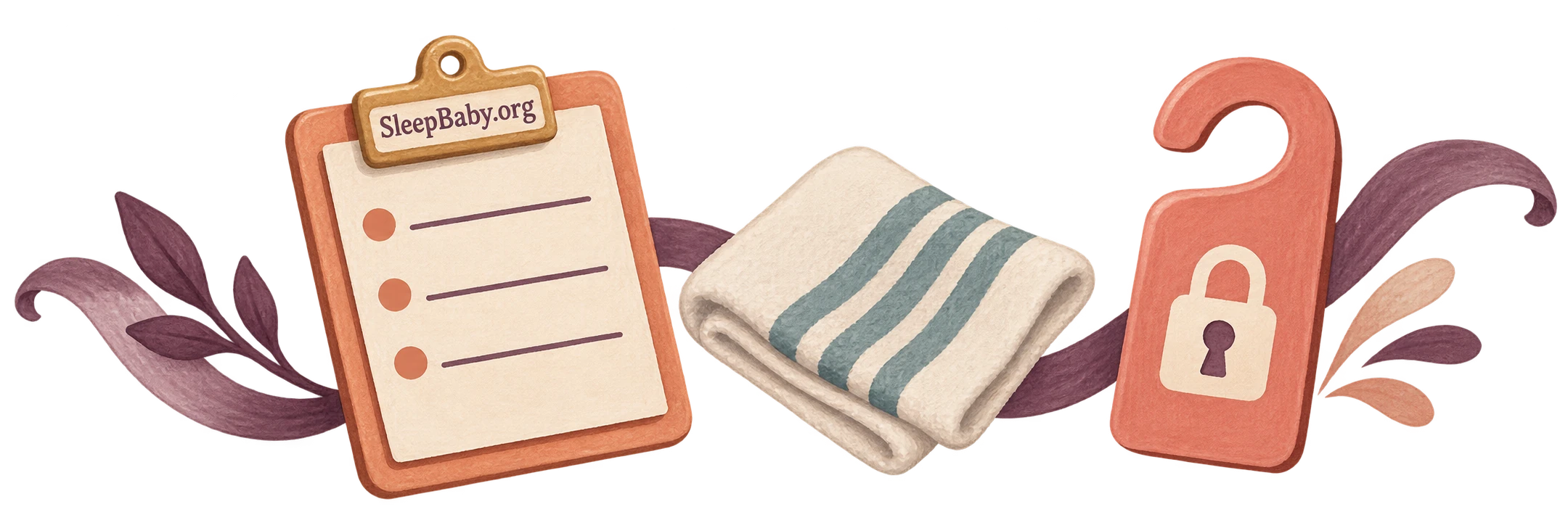 Transparent illustration of a clipboard, washcloth and door hanger with a lock symbol.