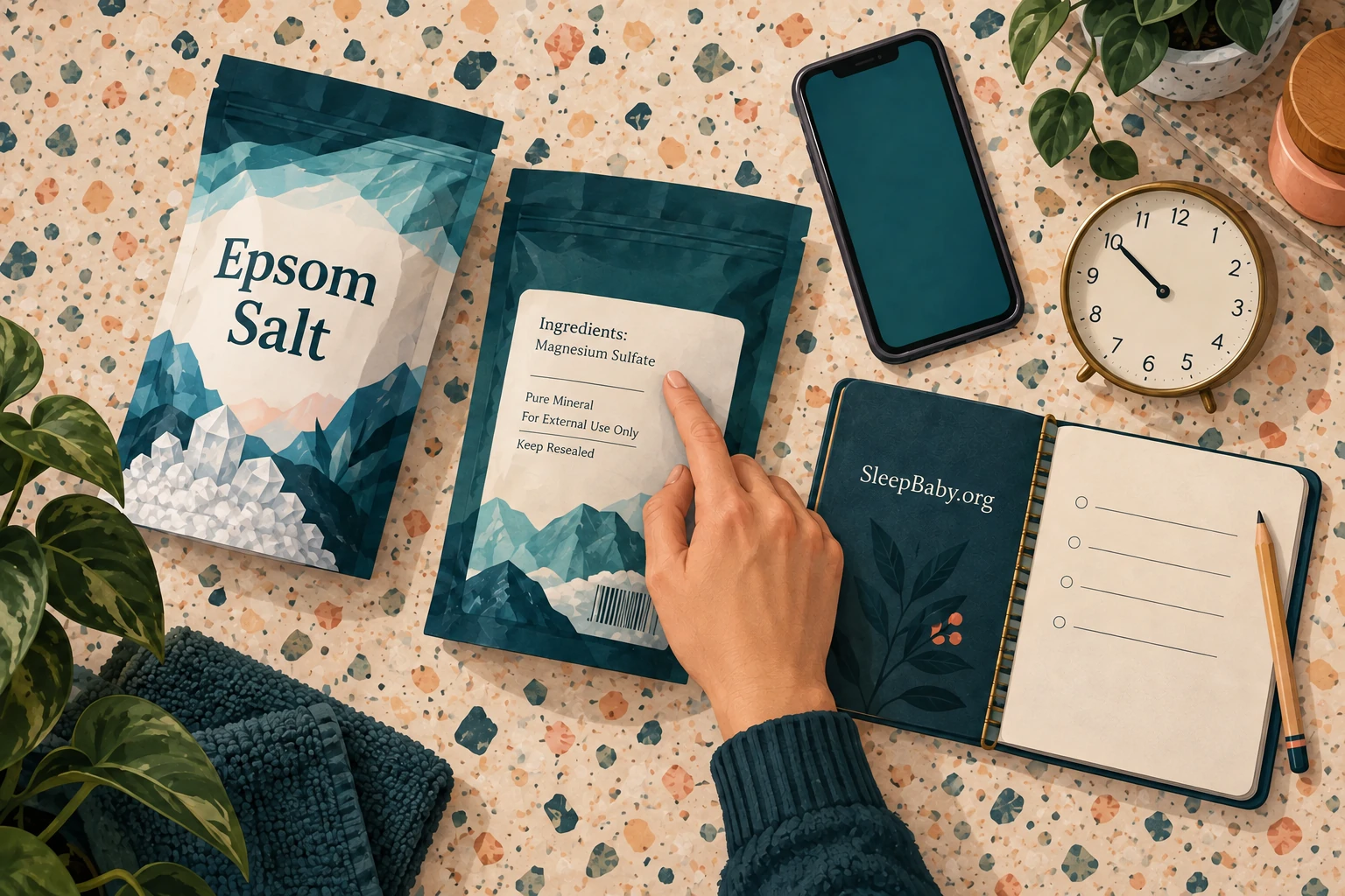 Illustrated package label, phone, clock and notebook beside an adult hand.