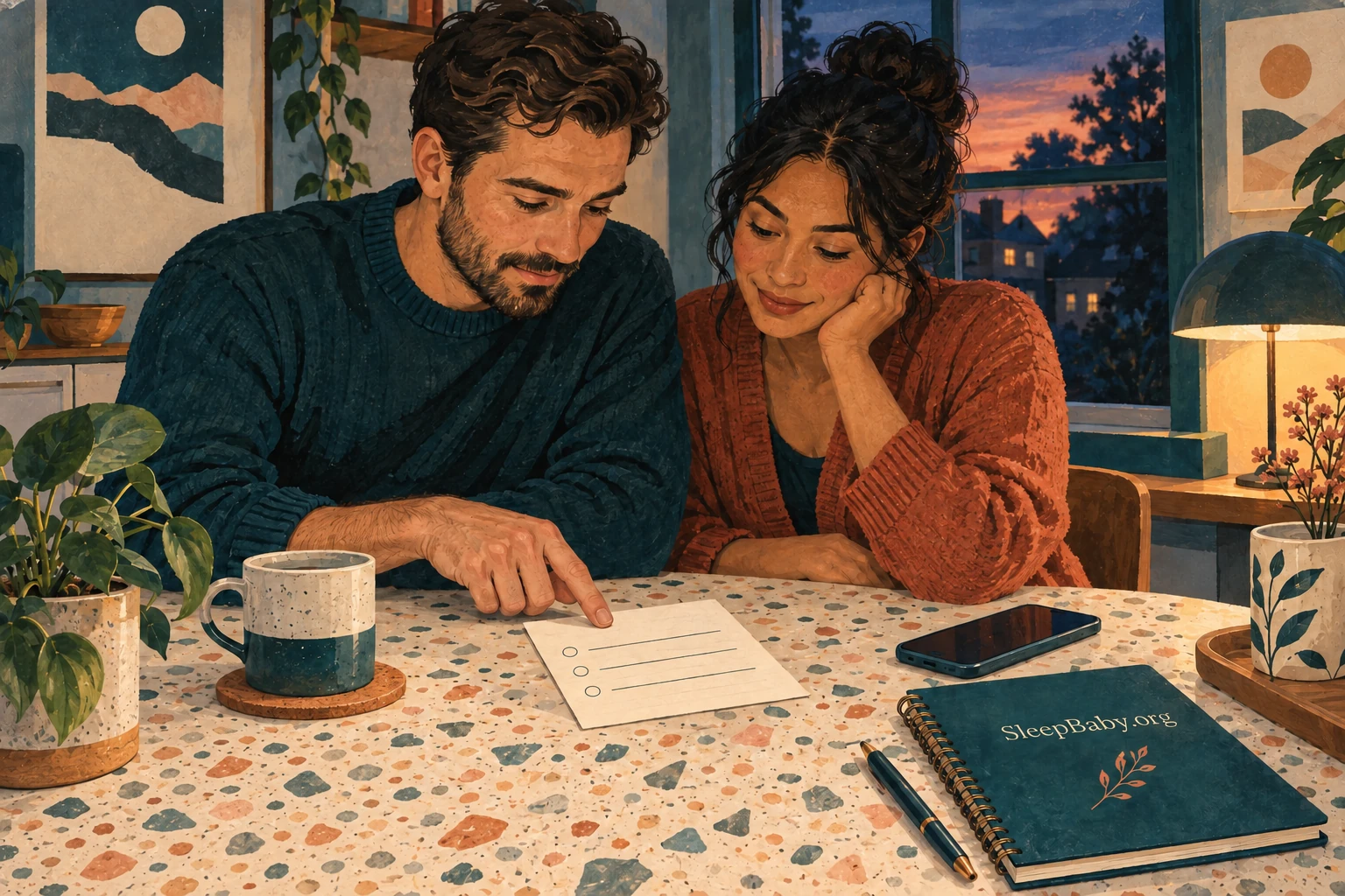 Two caregivers reviewing a written handoff note at a table.