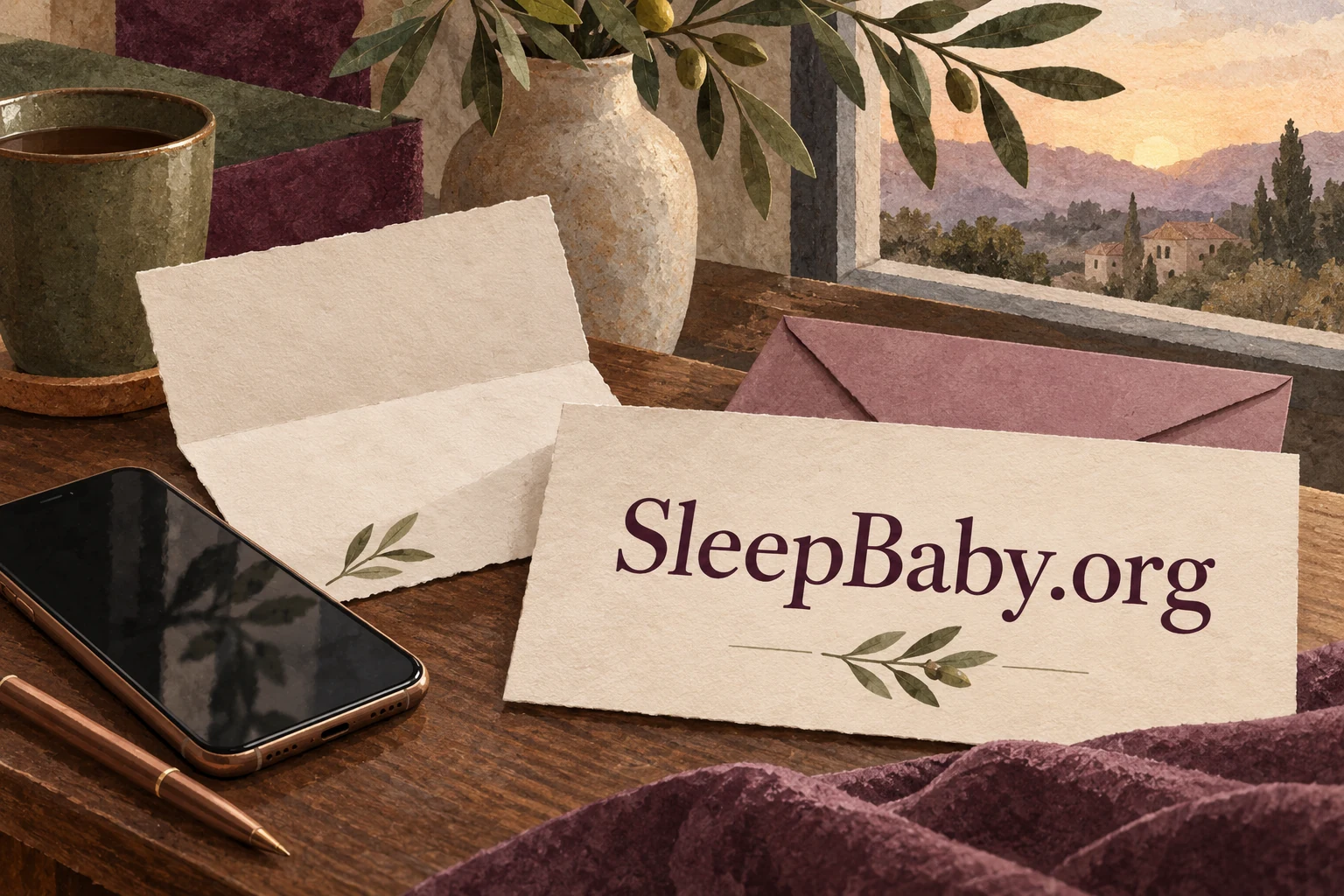 Illustrated phone, envelope and cream note card with large SleepBaby.org lettering.