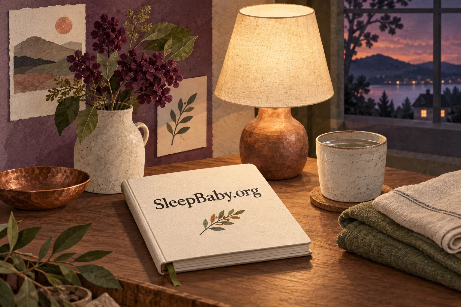 Quiet illustrated lamp, closed cream notebook and cup by an evening window; SleepBaby.org lettering across the notebook.