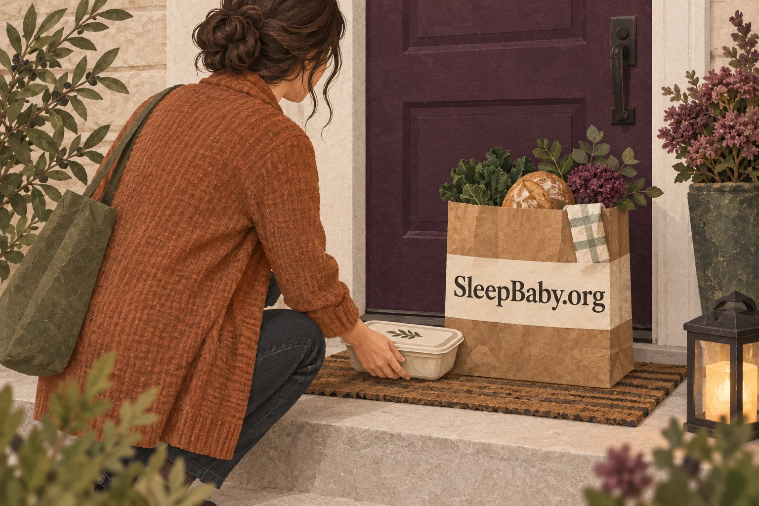Illustrated adult leaving a covered meal and grocery bag at a doorstep; SleepBaby.org on the bag.
