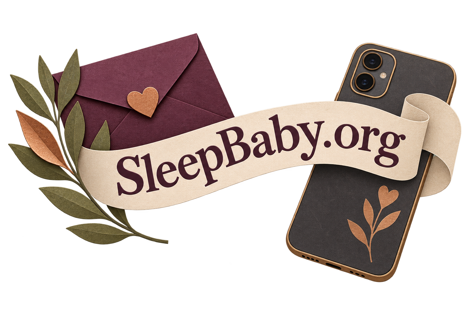 Transparent illustrated envelope, phone and olive leaves behind a broad SleepBaby.org paper ribbon.