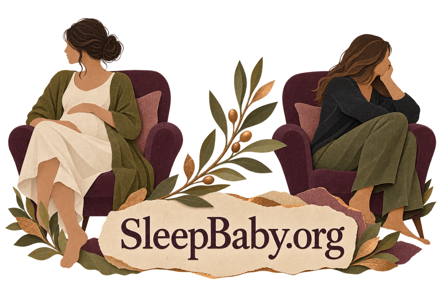 Transparent illustration of two adults in separate chairs with an olive branch and large SleepBaby.org nameplate.